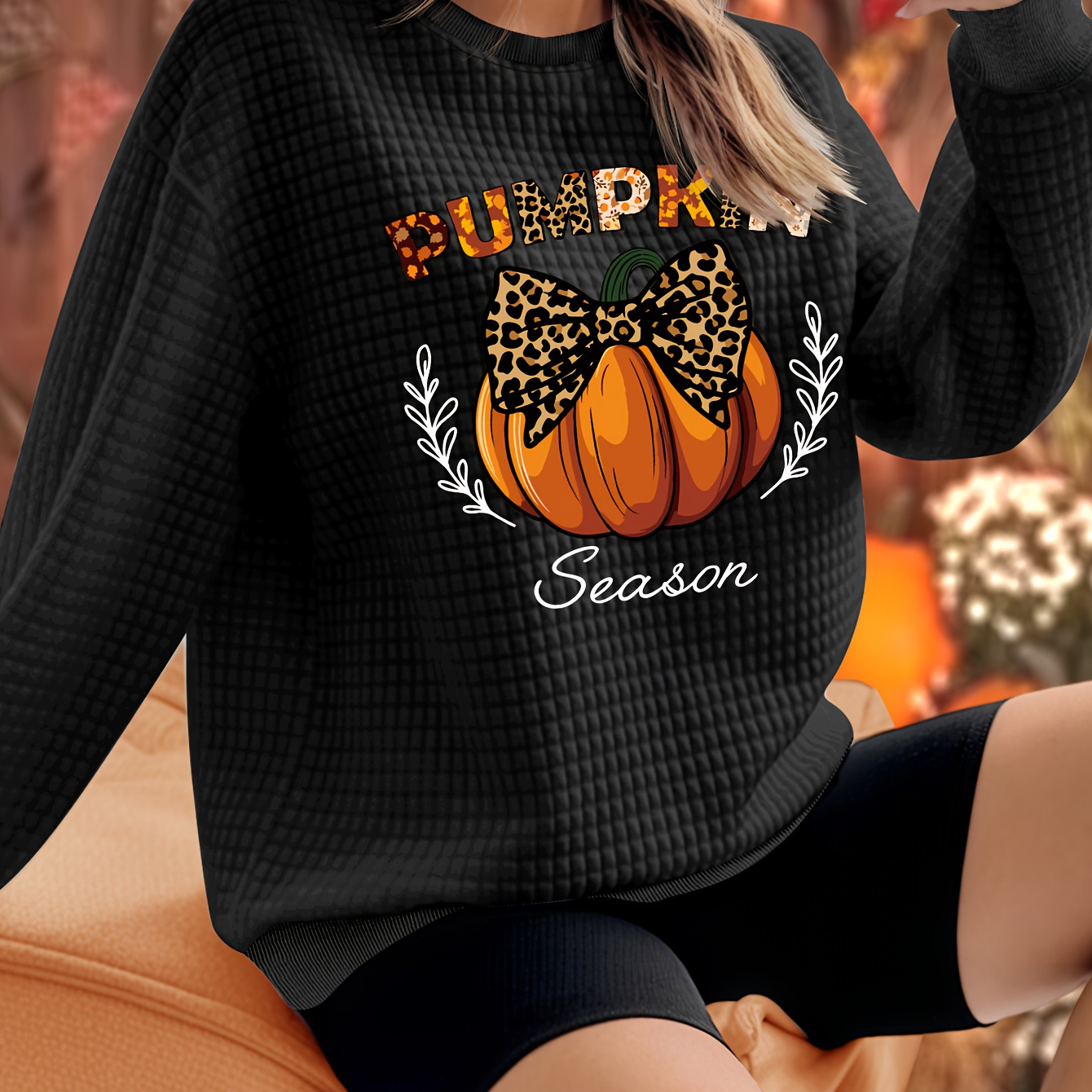 

Cozy Pumpkin Print Waffle-knit Sweatshirt - Casual Crew Neck Pullover For Women, Fall & Winter