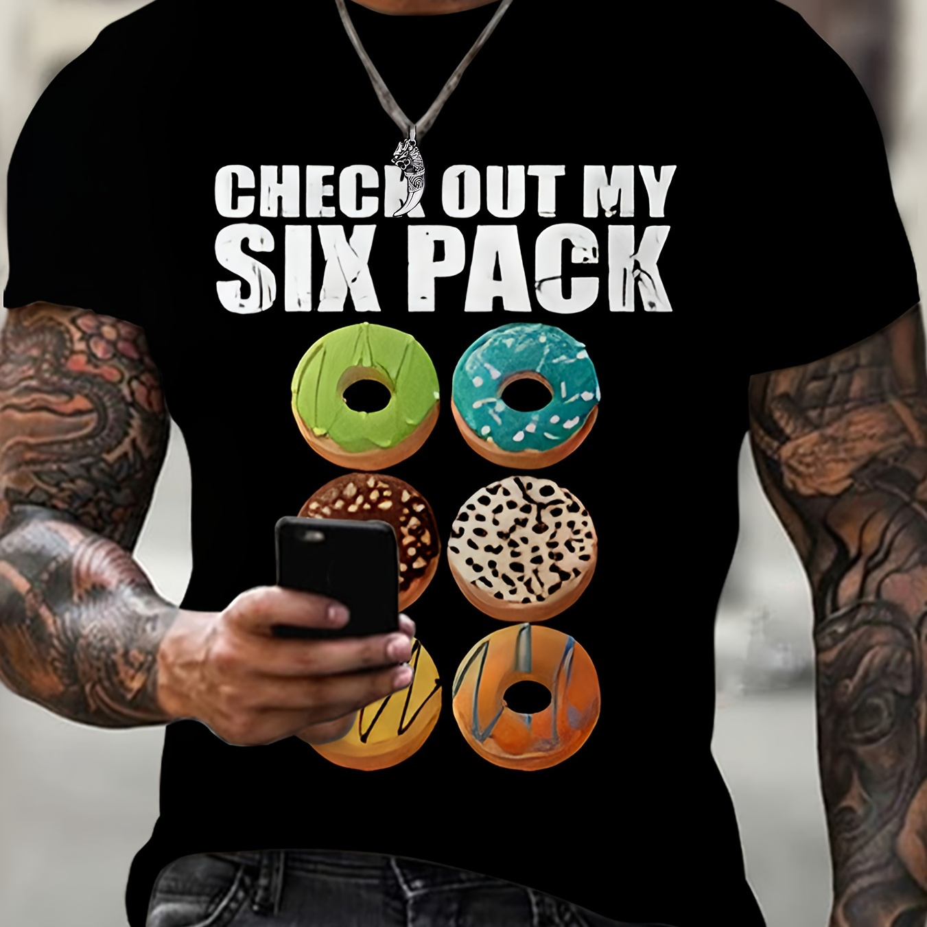 

Plus Size Men' Casual Short T-shirt With A Donut Graphic, 95% Polyester.