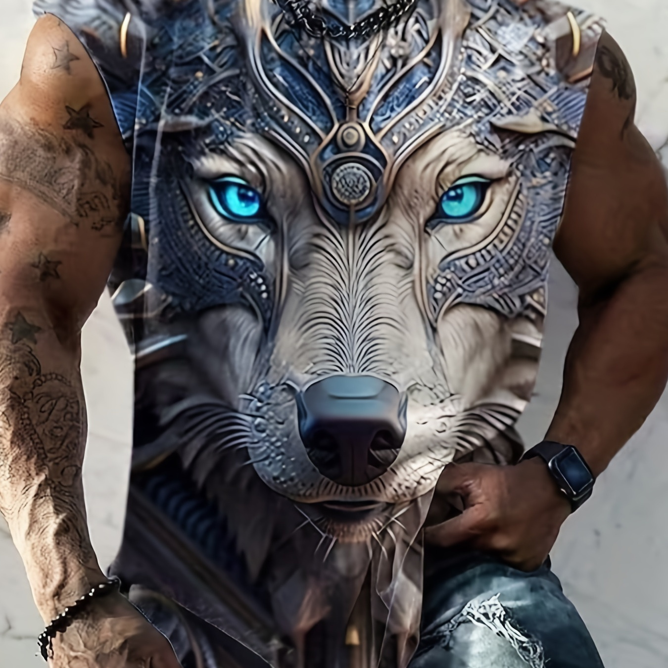 

Plus Size Men's 3d Pattern Allover Wolf Print Graphic Tank Top, Sleeveless Comfy Summer Vest, Best Sellers