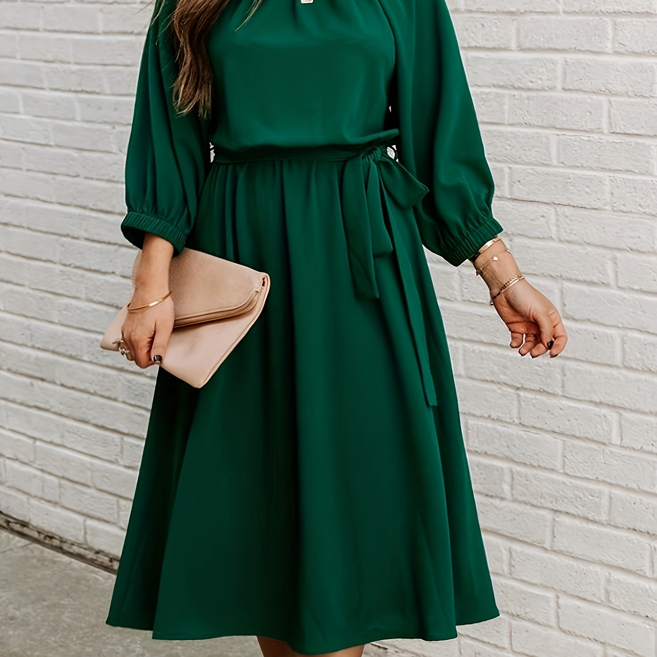 Plus Size Casual Dress, Women's Plus Solid Bubble Sleeve Round Neck Slight Stretch Dress With Belt