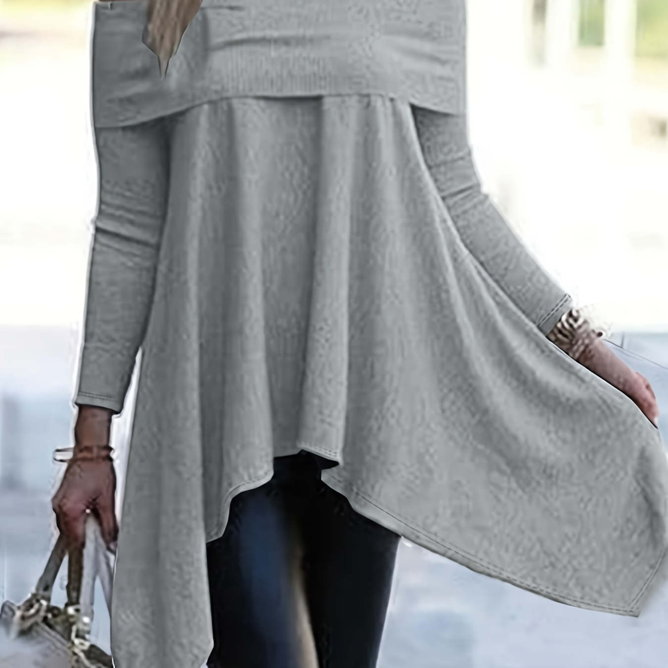 

Plus Size Solid Cold Shoulder Top, Elegant Foldover Trim Long Sleeve Asymmetric Hem Top, Women's Plus Size Clothing