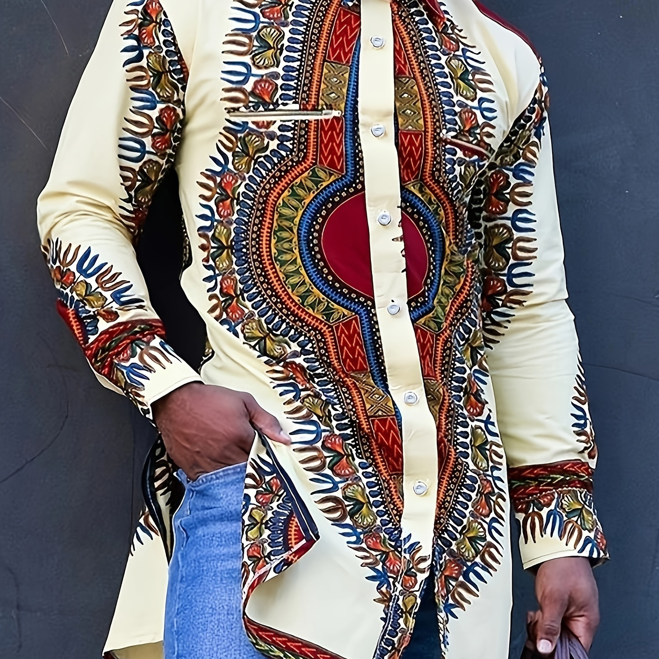 

Men's Vibrant Tropical Print Long Sleeve Shirt - Casual Middle Eastern Style With Buttons, Zip-up Chest Pocket & Decorative Pockets, Parties & Travel