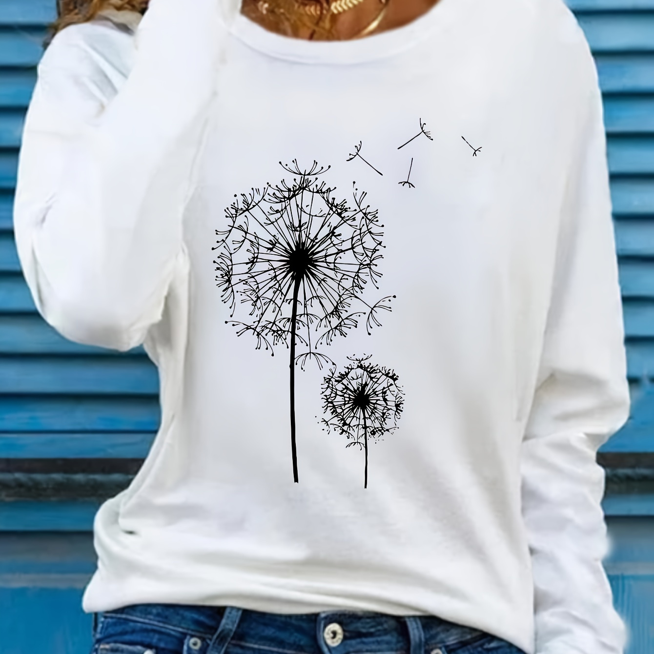 

Women's Casual Dandelion Applique Long Sleeve T-shirt - Crew Neck, Polyester Knit Fabric With Stretch, Regular Fit Fall Pullover