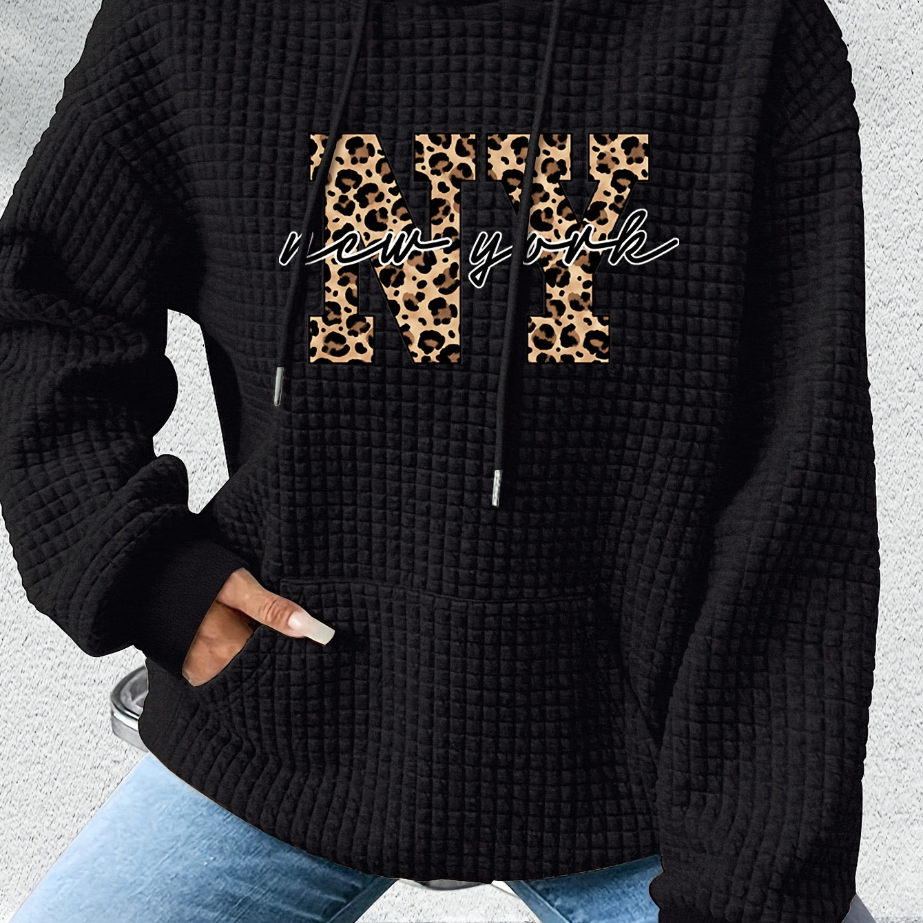 

Women's Casual Waffle-knit Hoodie With Leopard Print & Letter Design - Cozy Polyester , Long Sleeve Pullover With Kangaroo Pocket, Machine Washable, Loose Fit, Fall/winter