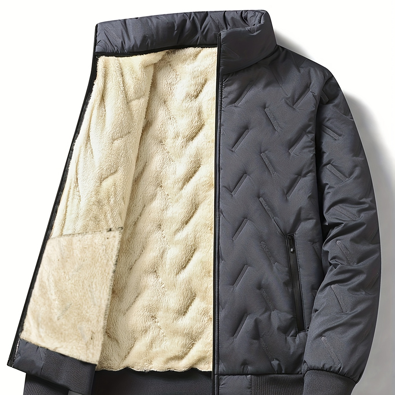 

Men's Fleece Lined Padded Jacket, Men Casual Padded Coat Windbreaker Zipper Pocket Stand Collar For Men Winter