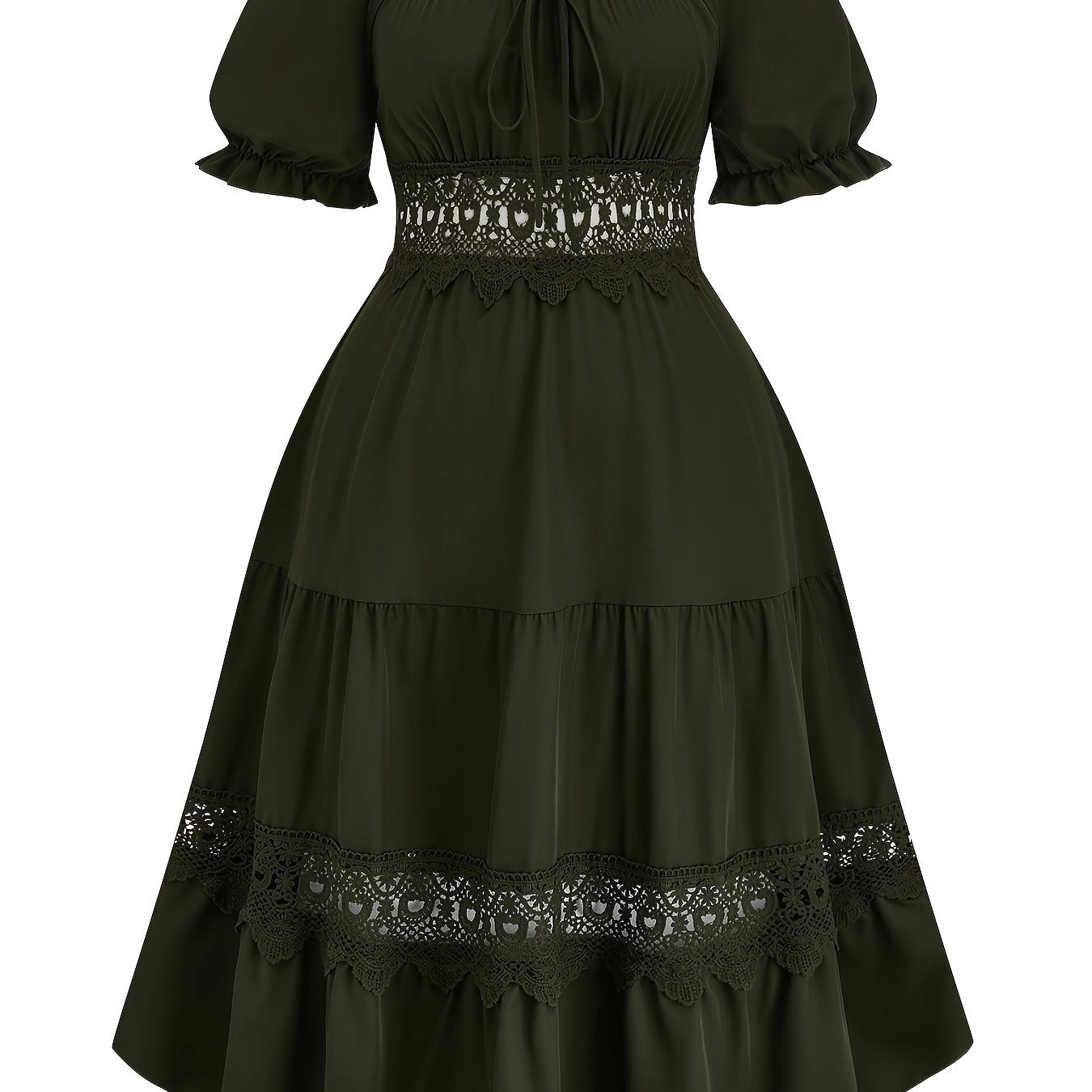 

Elegant V-neck Midi Dress With Lace Detail - Short Sleeve, Polyester & Spandex Blend, Spring/summer/fall