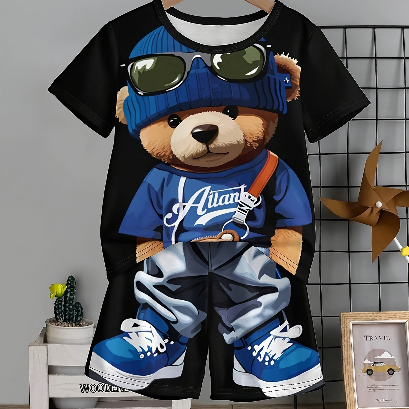 

Boy's 2-piece Casual Co Ord Set, Street Style Bear Print Short Sleeve Tee And Shorts, Comfy Summer Clothes