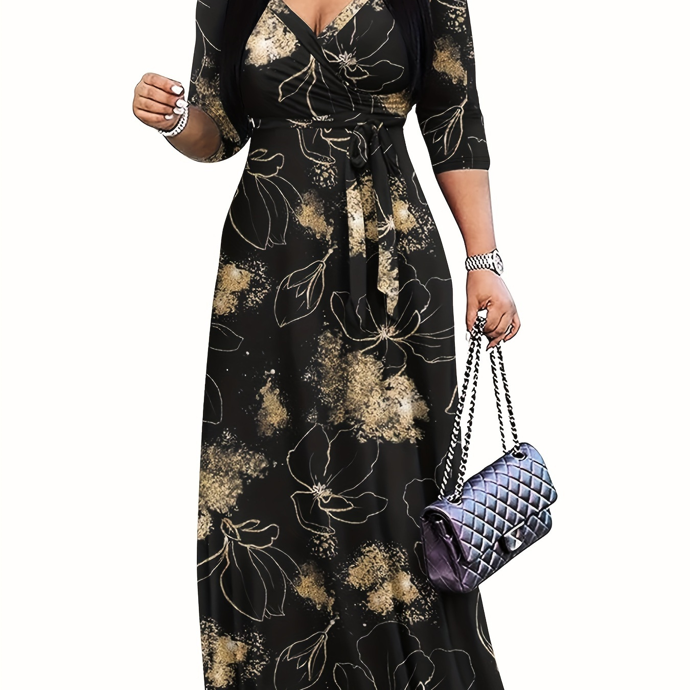 

Floral Print V-neck Maxi Dress, Elegant 3/4 Sleeve Aline Dress For Spring & Fall, Women's Clothing