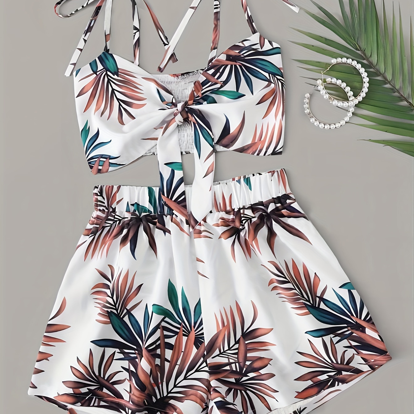 

Leaf Print Casual Short Suit, Knot Front Shirred Backless Crop Cami Top & Elastic Waist Ruched Shorts Outfits, Women's Clothing