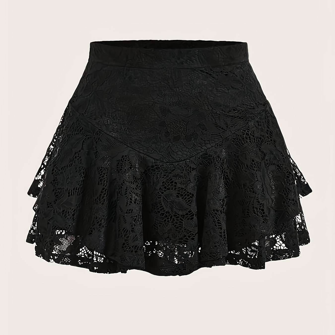 

Contrast Lace Layered Hem Skirt, Casual Solid Elastic Waist A-line Skirt For Spring & Summer, Women's Clothing