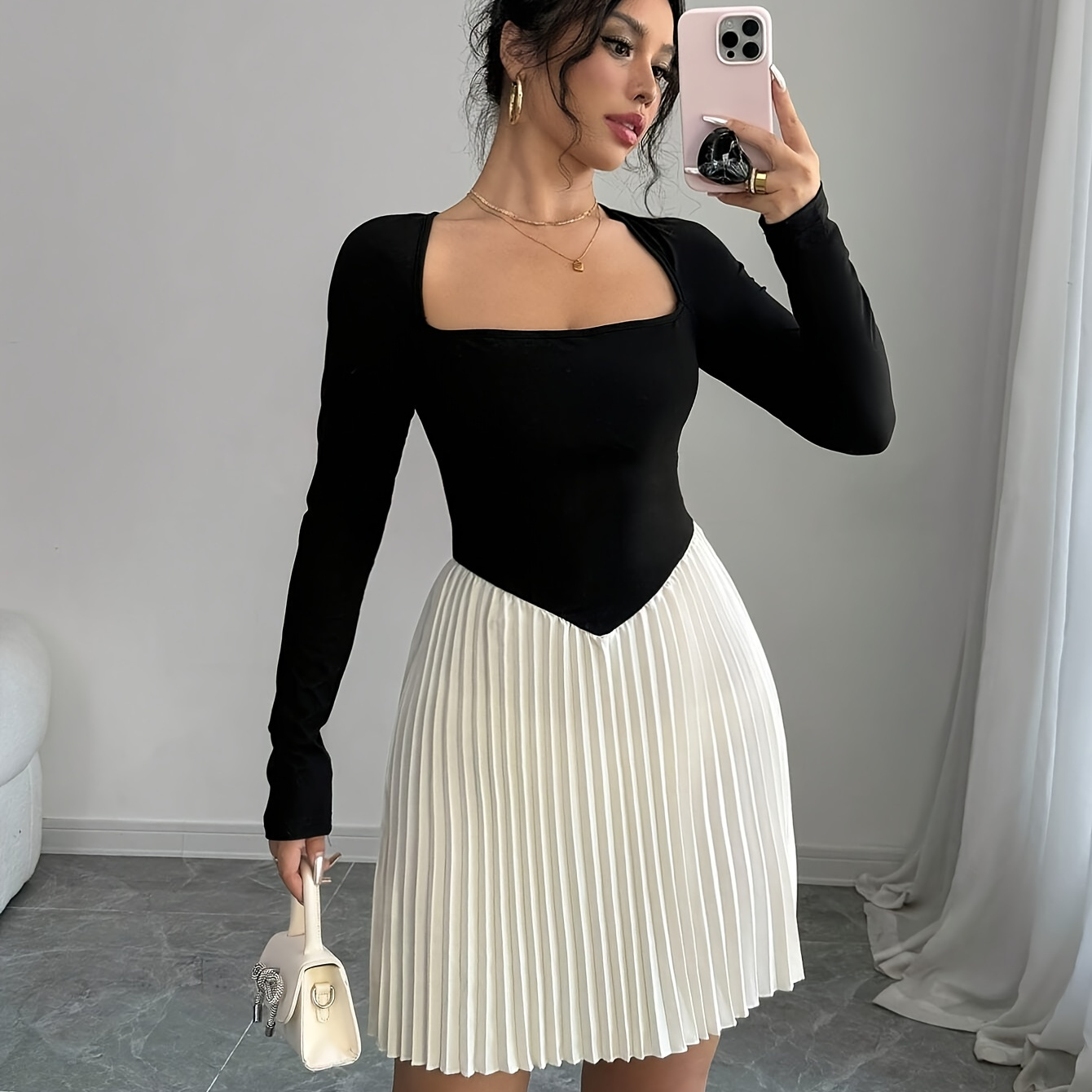 

1pc Elegant Long Sleeve Pleated Hem Knee-length Dress For Women, Polyester Knit Fabric, Square Neckline, Solid Color, Loose Fit Skirt With Fitted Top - Spring/summer/autumn Fashion