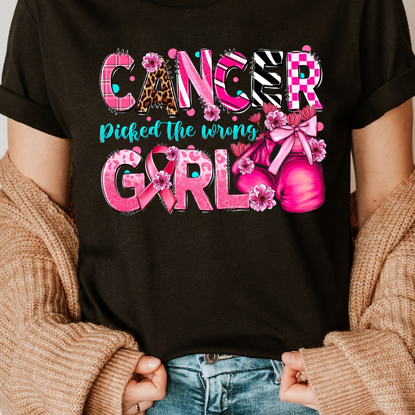 

Women's Inspirational Cancer Awareness T-shirt - 100% Cotton Crew Neck Tee With Boxing Glove And - Casual Short Sleeve Knit Top For All Seasons