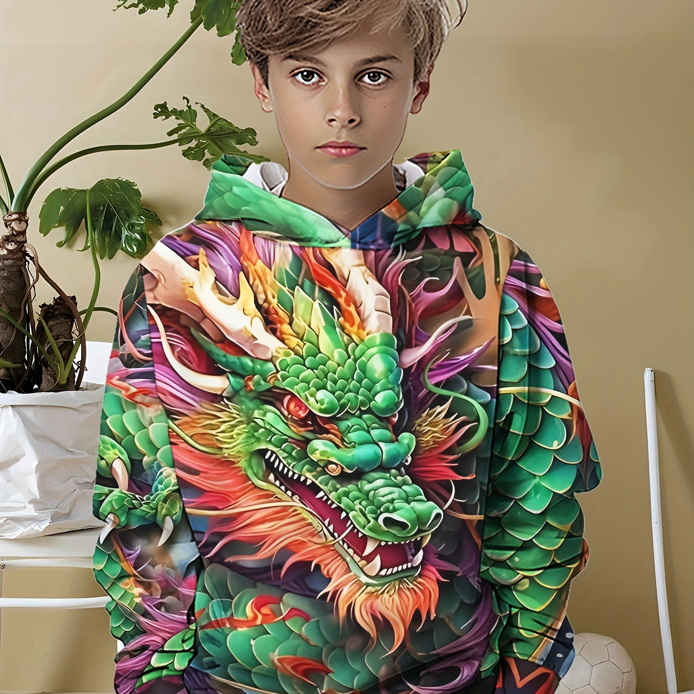 

Sweat à capuche Dragon imprimé en 3D pour garçons - Design graphique décontracté avec tissu extensible pour un port confortable au printemps/automne