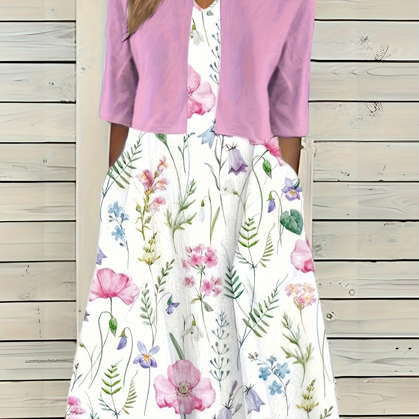 

Elegant Floral Print Dress Set, Three-quarter Sleeve Open Front Top & V Neck A-line Dress Outfits, Women's Clothing