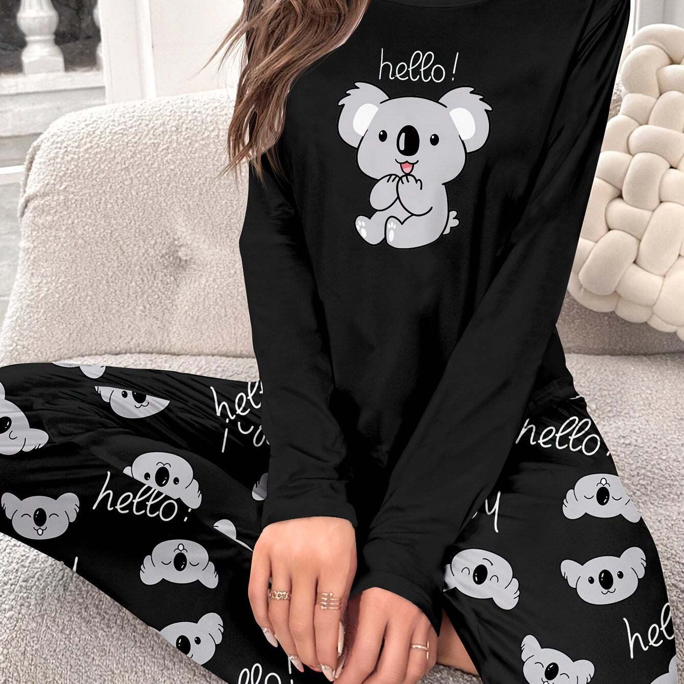 

1set Women's Cute Koala Print Pajama Set, Long Sleeve Crew Neck Pullover, Patterned Polyester Knit Fabric, 95% Polyester 5% Elastane, Comfortable Adult Loungewear For Spring/fall