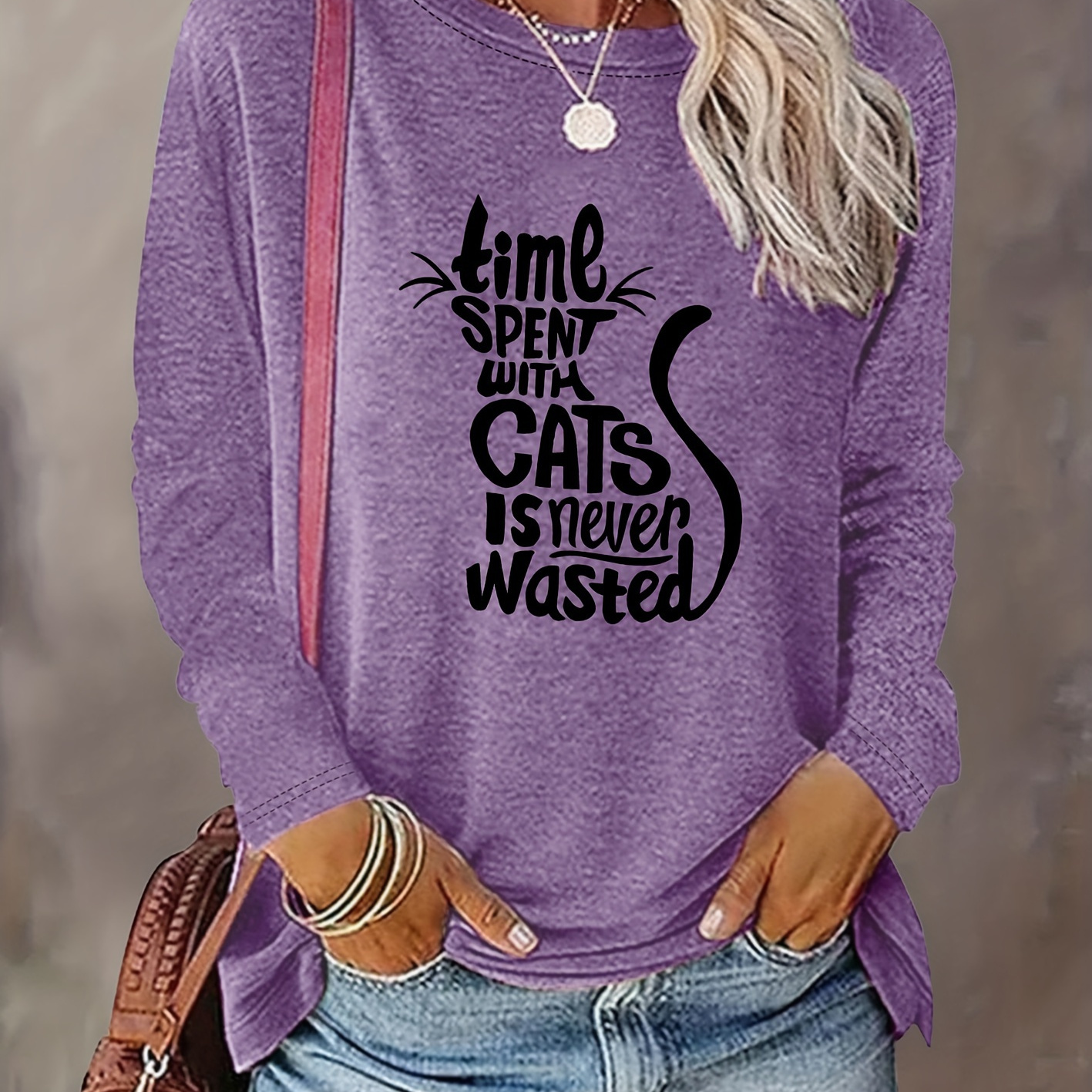 

Fashion English Cat Print Pattern Round Neck Long Sleeve T-shirt Autumn Winter Women's Top