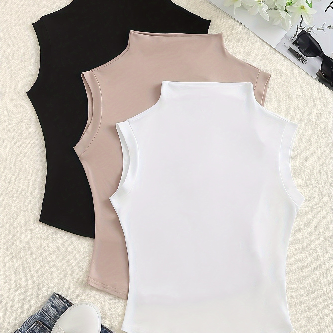 

Elegant 3pcs Solid Color Turtleneck Top Set For Women - Stretchy Polyester & Elastane , Machine Washable, Spring/summer/fall