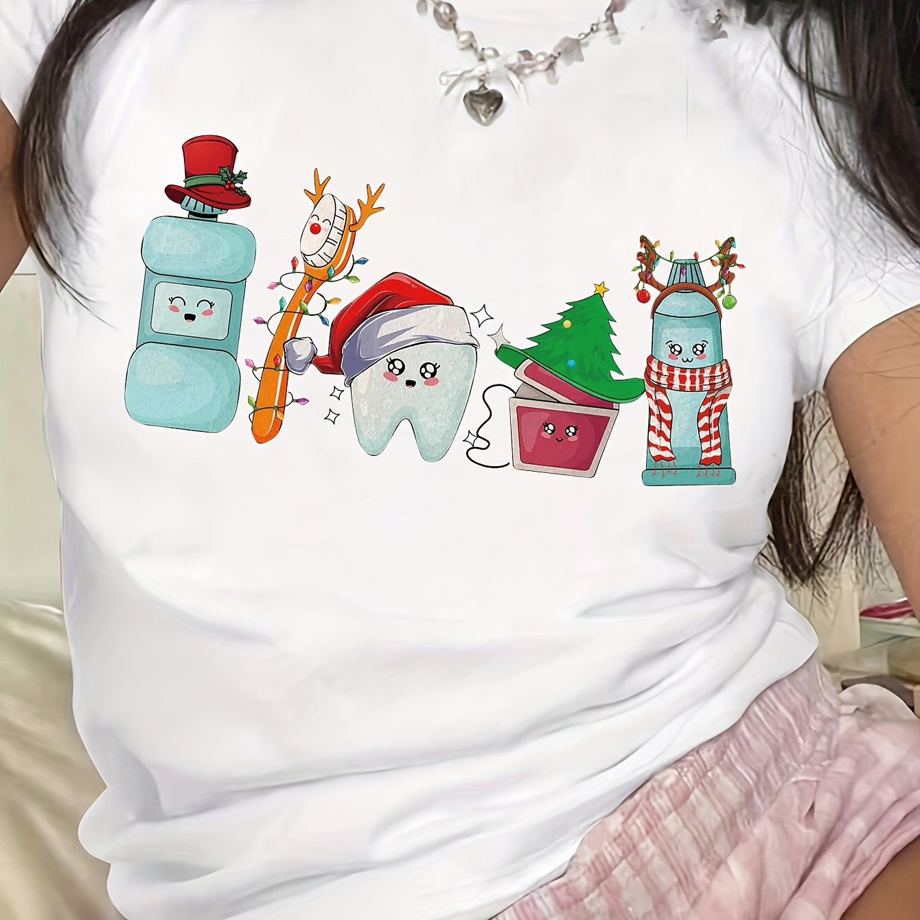 

Christmas Dental Themed T-shirt For Women, Casual Polyester Knit Fabric, Round Neck, Comfort, Festive Holiday Top