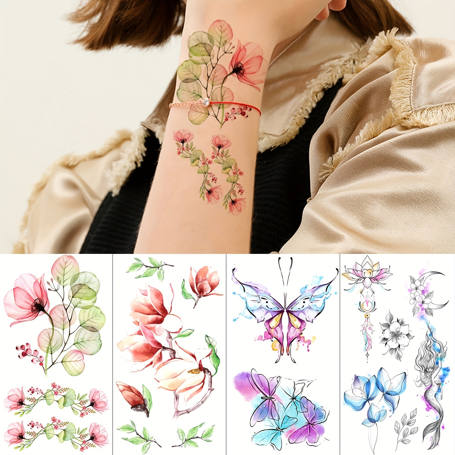 

30 Sheets Flowers Temporary Tattoos Stickers, Roses, Butterflies And Multi-colored Mixed Style, Body Art Temporary Tattoos For Women, Girls
