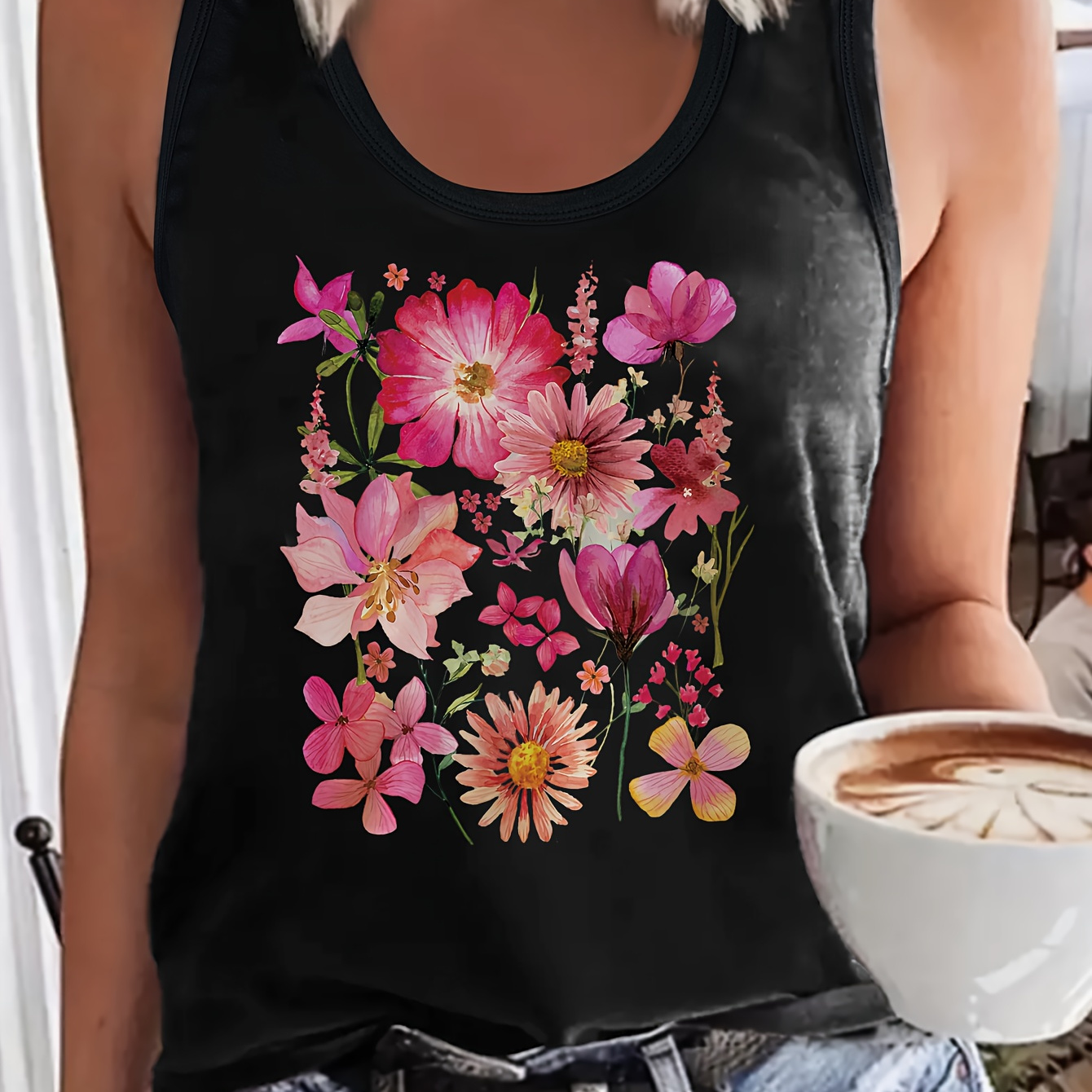 

Floral Print Tank Top, Sleeveless Casual Top For Summer & Spring, Women's Clothing