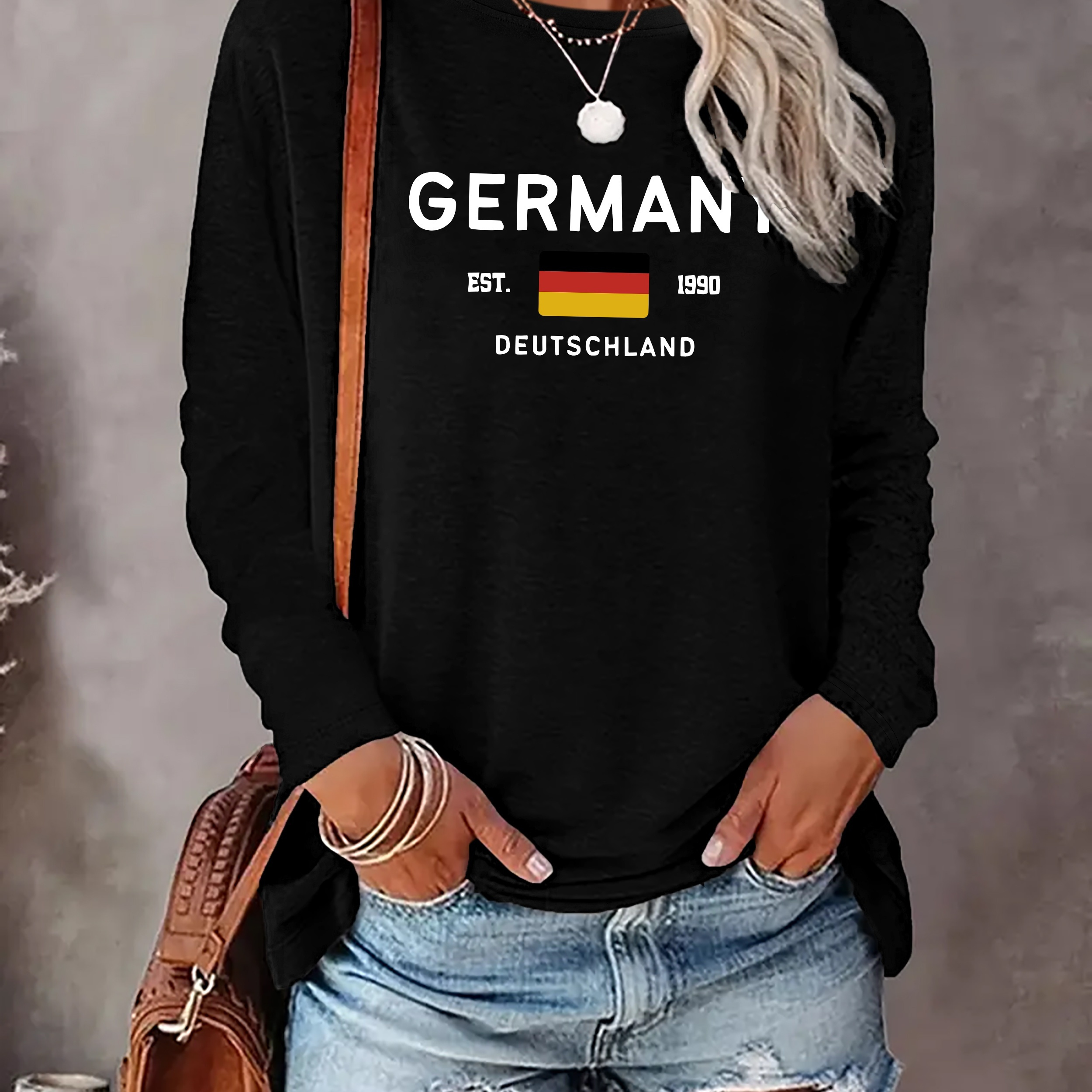 

Germany Print T-shirt, Long Sleeve Crew Neck Casual Top For Spring & Fall, Women's Clothing