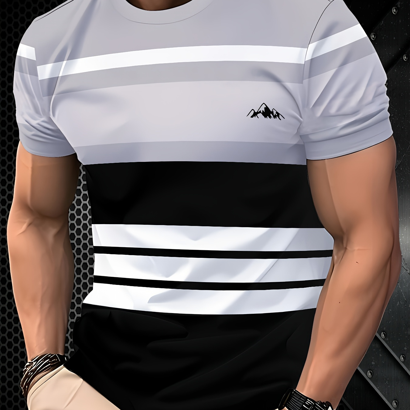 

Men' Striped T-shirt, 100% Polyester Crew Neck, Solid Color Knit Fabric, Regular Fit Tee