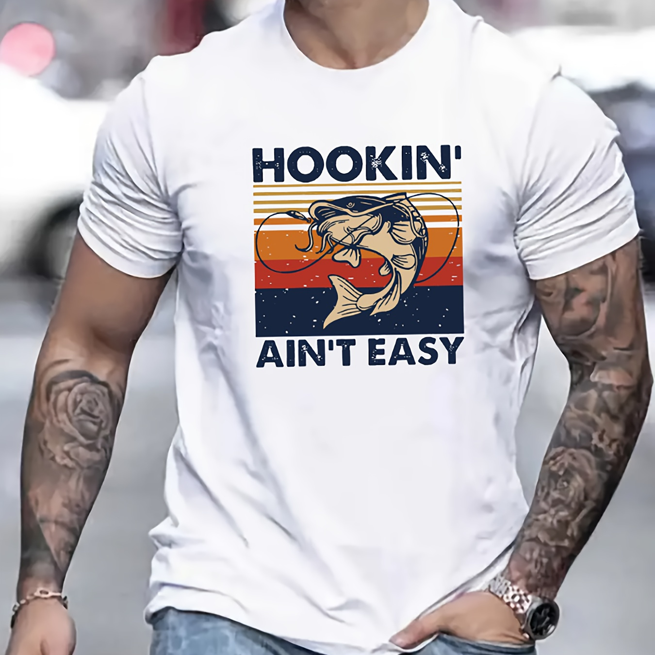 

Men's Novelty Letter Print T-shirt - Casual Round Neck, Polyester , Machine Washable - Summer