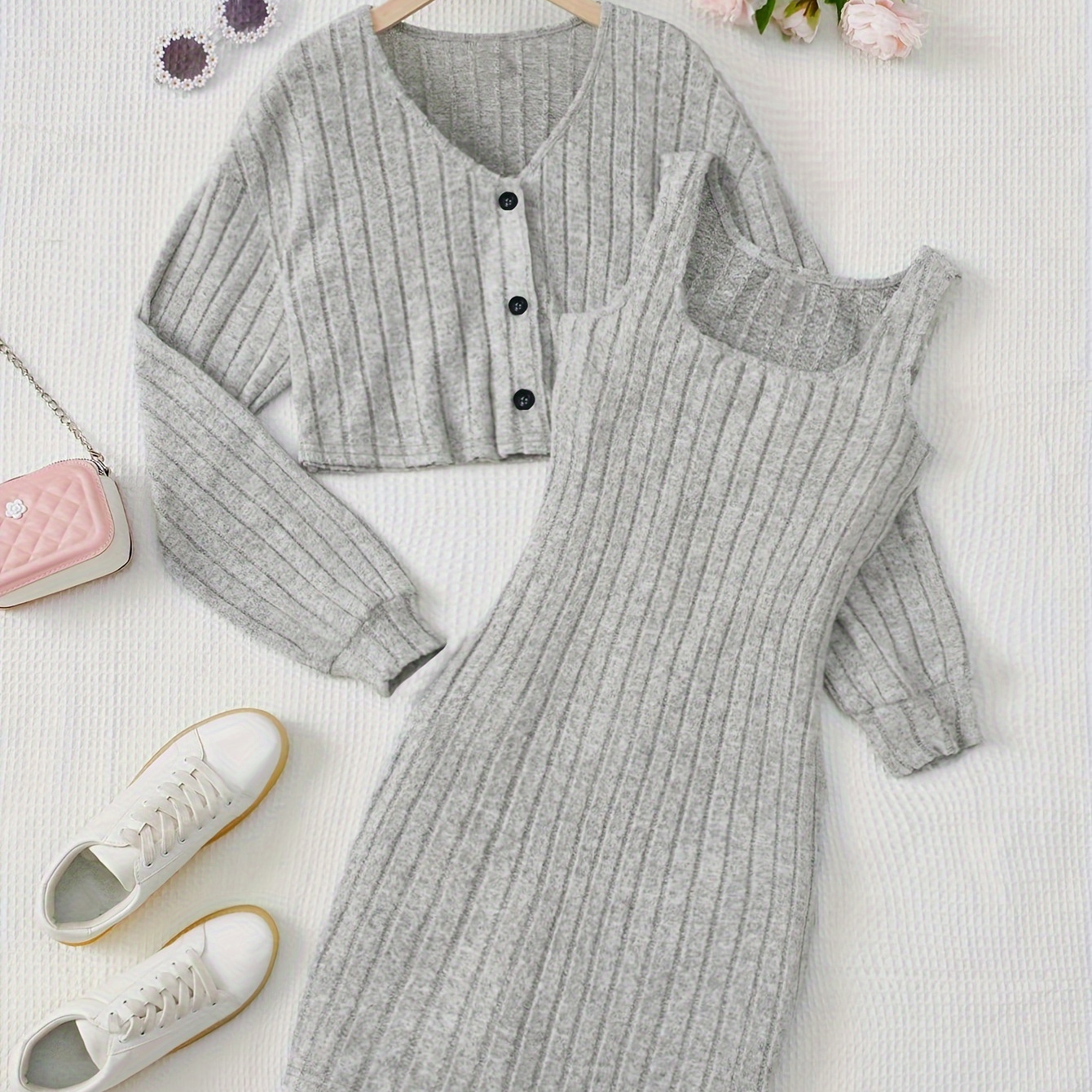 

Casual Solid Color Dress Set, Square Neck Sleeveless Tank Dress & Open Front Long Sleeve V-neck Cardigan, Women's Clothing