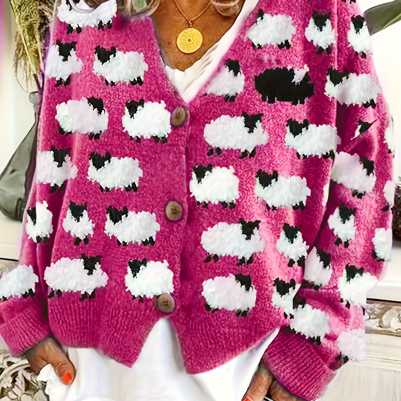 

Size Women's Cardigan With Cute Sheep Pattern - Elegant Button-up Knit Sweater, Machine Washable - Perfect For Fall/winter