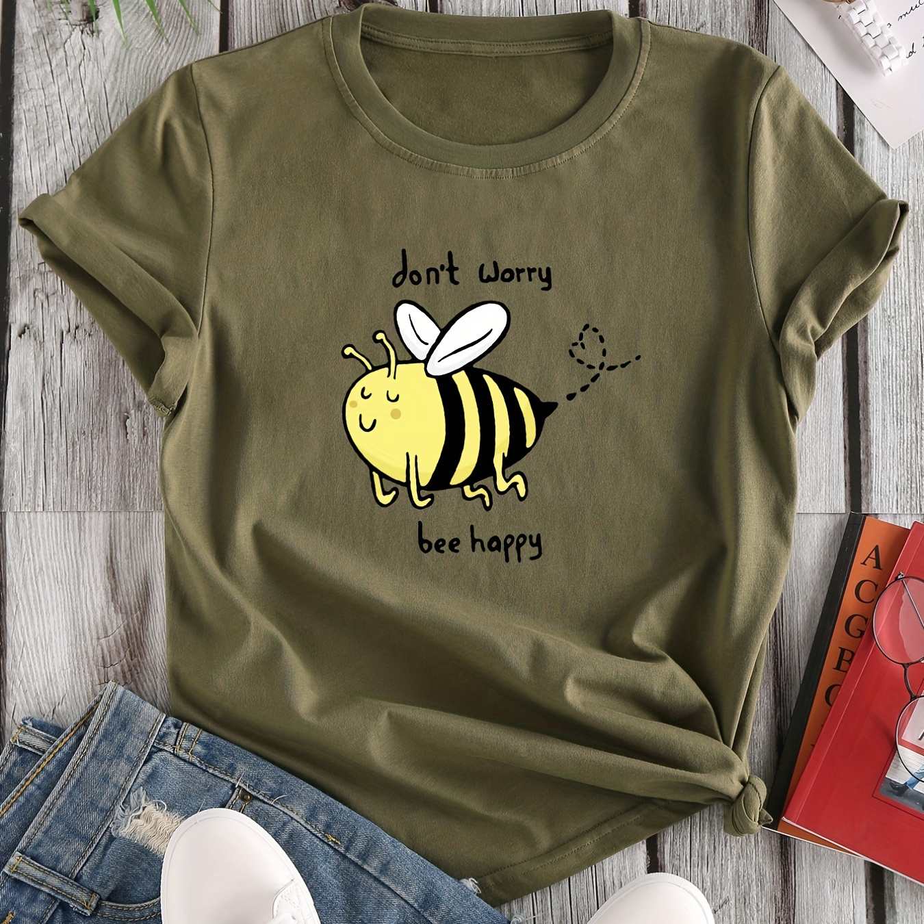 

Cartoon Bee Print Crew Neck T-shirt, Casual Short Sleeve T-shirt For Spring & Summer, Women's Clothing