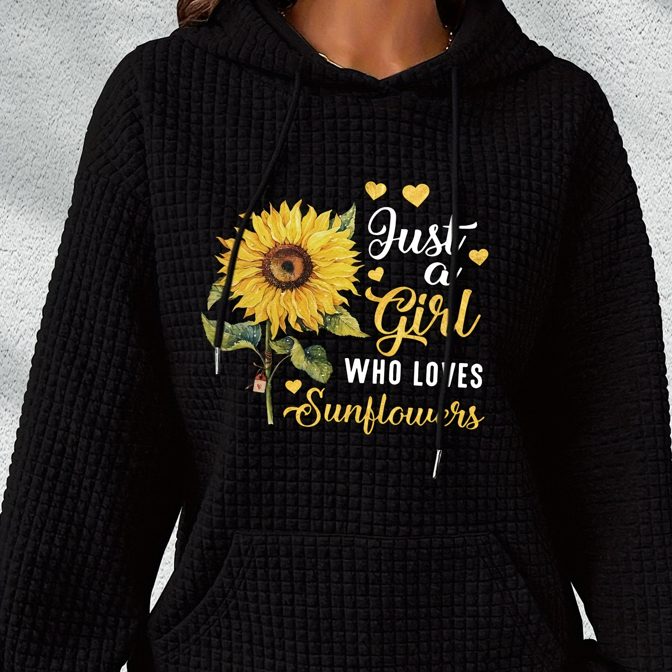 

Sunflower Print Waffle Hoodie, Drawstring Kangaroo Pocket Casual Hooded Sweatshirt For Winter & Fall, Women's Clothing