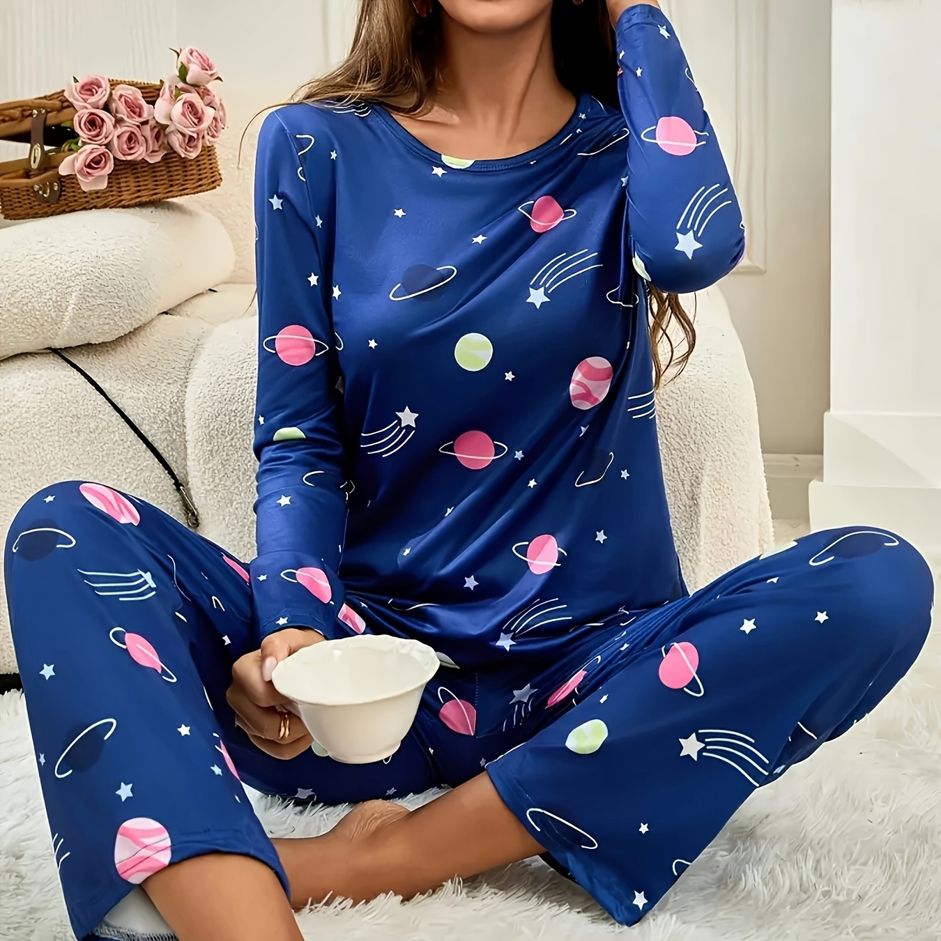 

Cozy Starry Sky Women's Pajama Set - Long Sleeve Crew Neck Top & Pants, Soft Polyester Blend, Machine Washable - Fall/winter