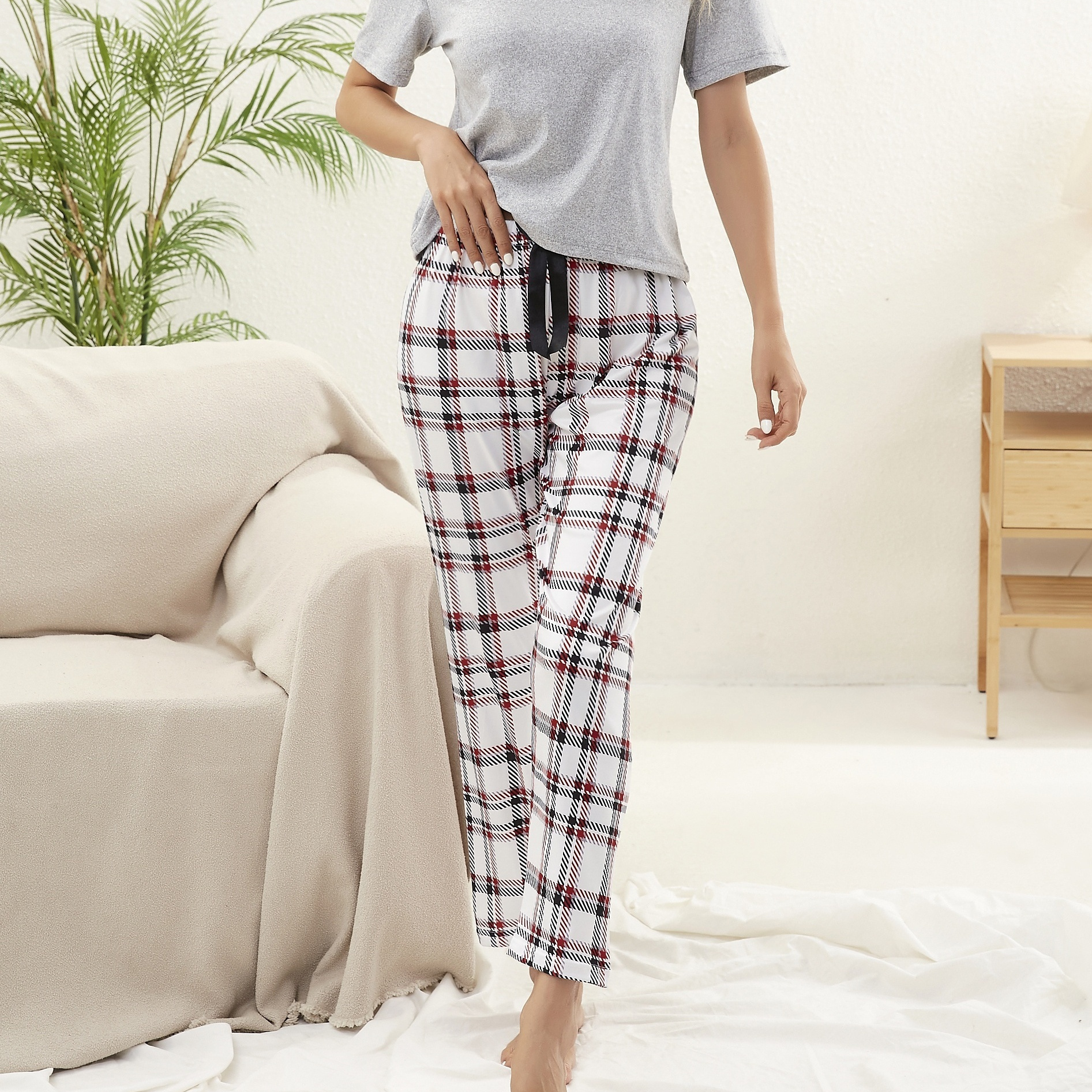 Casual Printed Pajama Set, Comfy Solid Short Sleeve Crew Neck Top & Plaid  Bow Long Pants, Women's Sleepwear & Loungewear