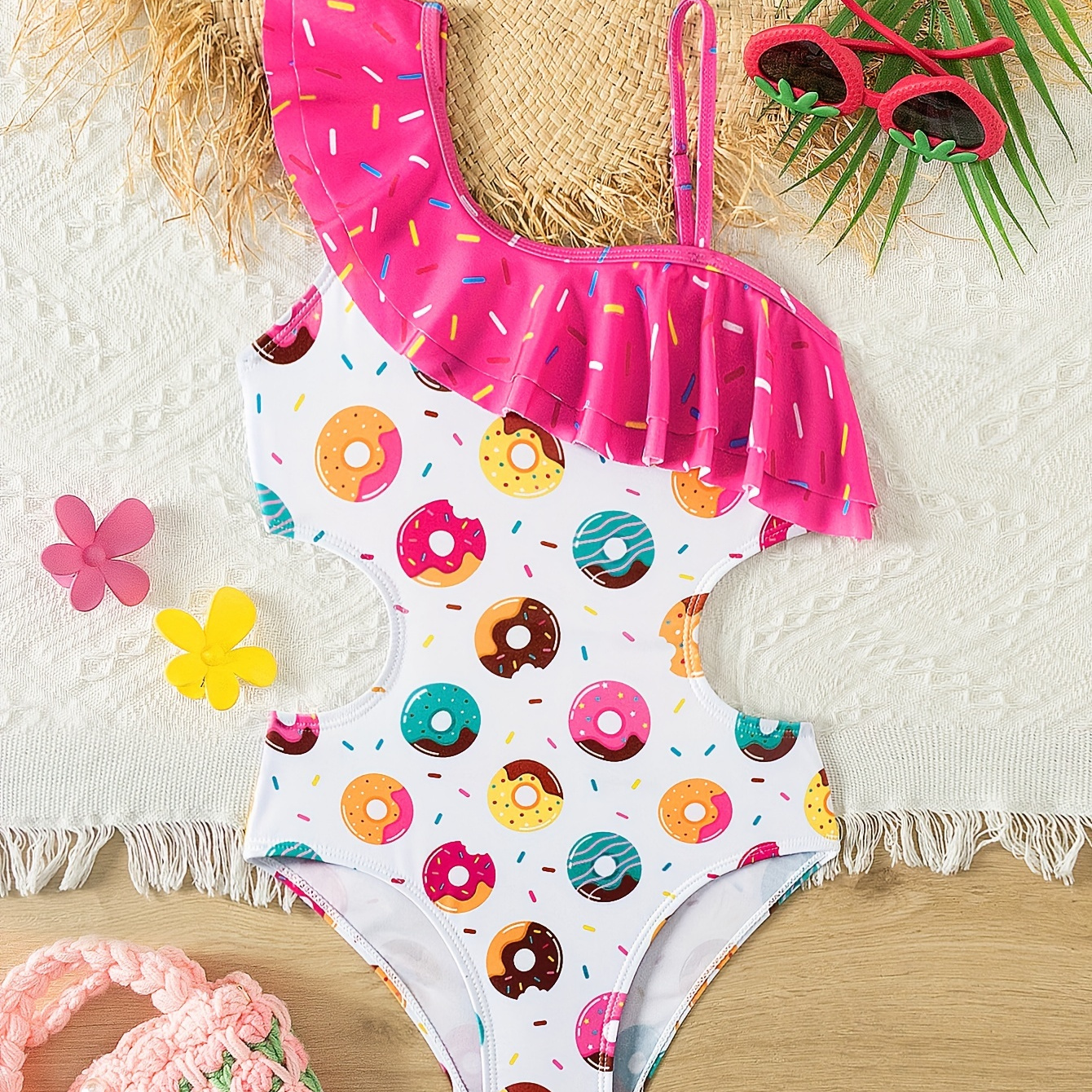 

1-piece Swimsuit Girl's Donuts Print Asymmetrical Shoulder Ruffle Swimwear, Pool Holiday Beach Swimming Bathing Suits