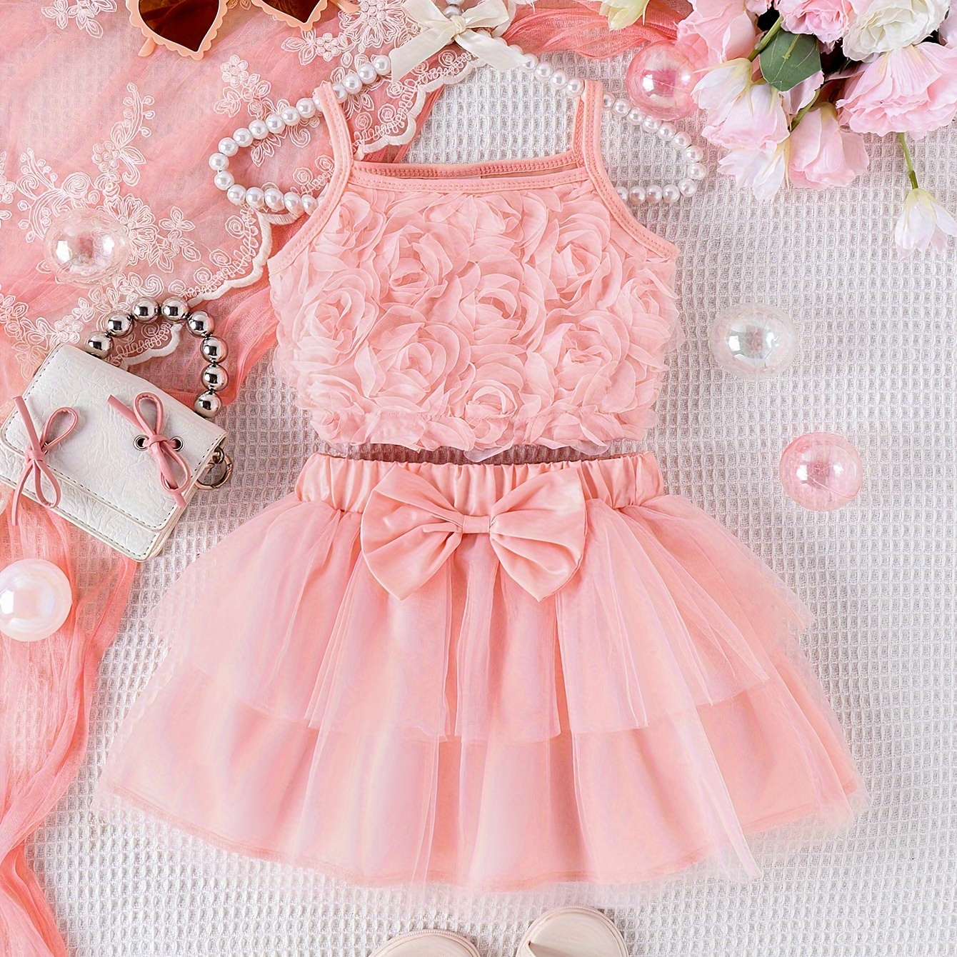 

2 Pcs Sweet Bow Textured Cami Top + Bow Mesh Skirt Girl's Set, Holiday Leisure Summer Clothes, Gift