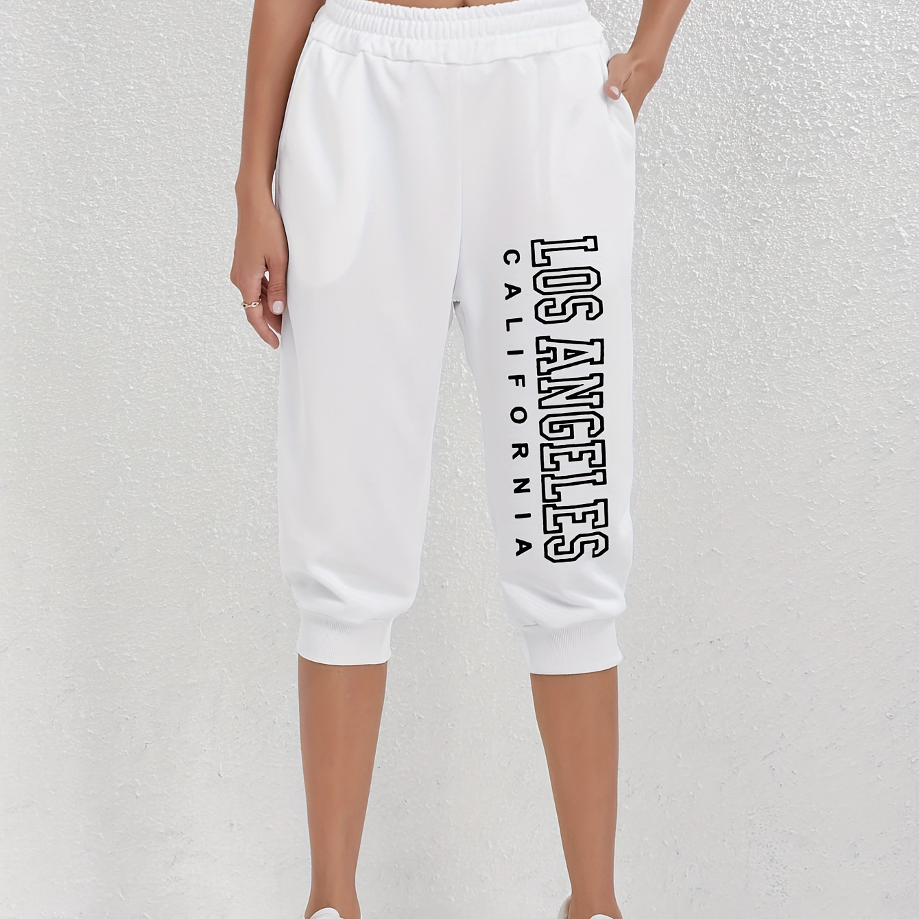 

Los Angeles Print Fitted Bottom Joggers, Casual Waist Slant Pockets Sporty Capris Pants For , Women's Clothing