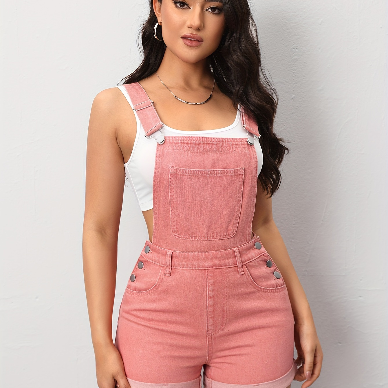 

Women's Casual Pinkish Pastel Color Denim Overalls, Shortalls With Pocket Detail, Buttoned Straps, Summer Fashion, Adjustable Fit