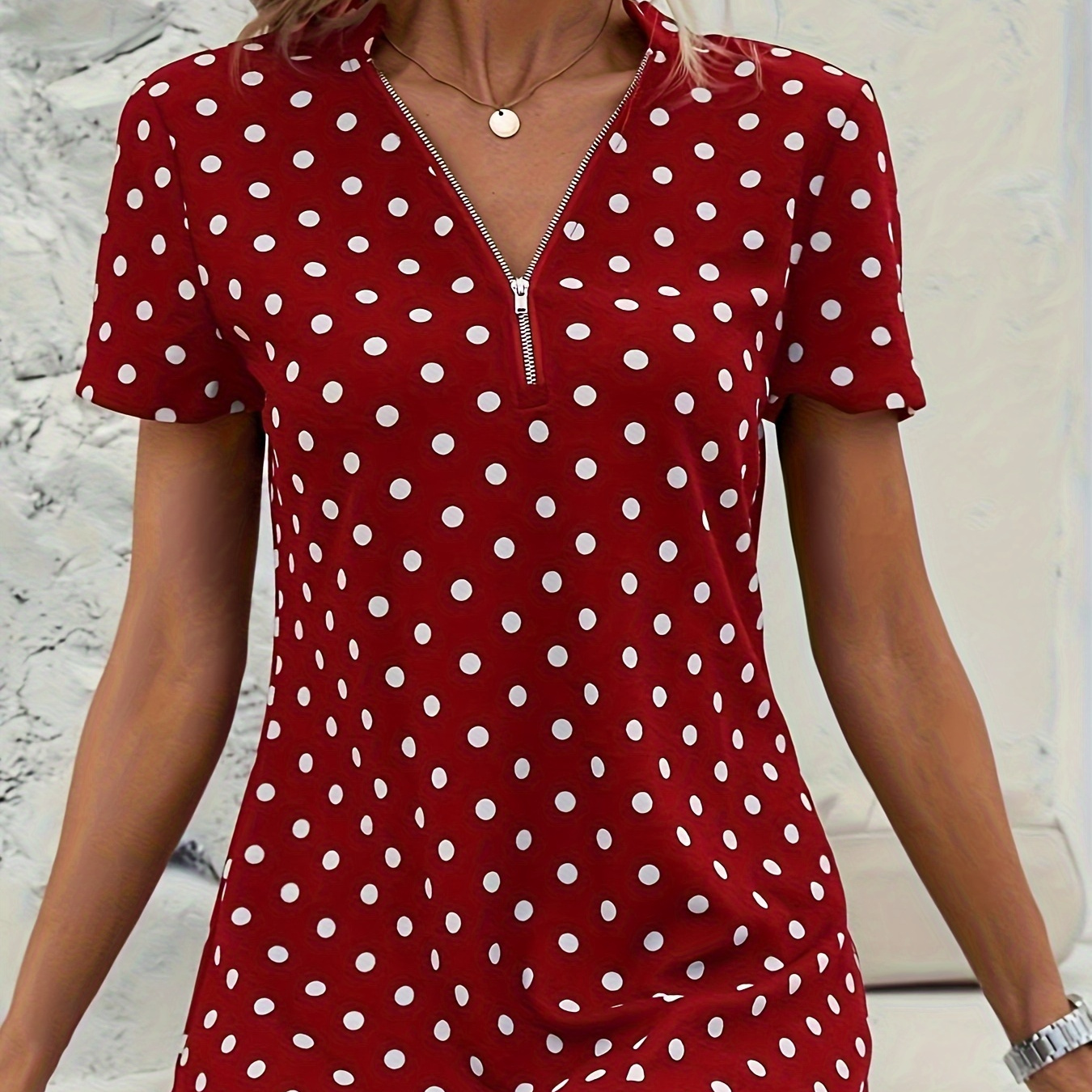 

Polka Dots Print V Neck Blouse, Elegant Zipper Front Short Sleeve Blouse For Spring & Summer, Women's Clothing