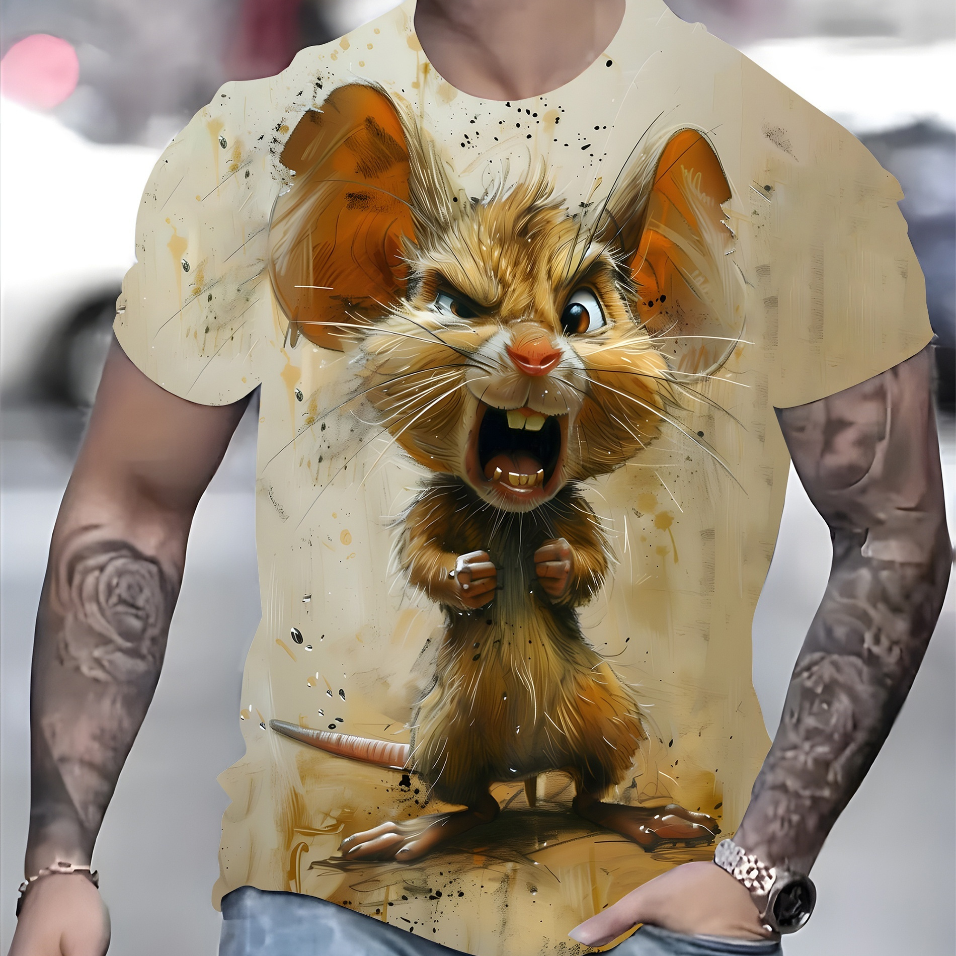 

3d Digital Animation Style Screaming Mouse Pattern Crew Neck And Short Sleeve T-shirt, Novel And Funny Tops For Men's Summer Outdoors Wear