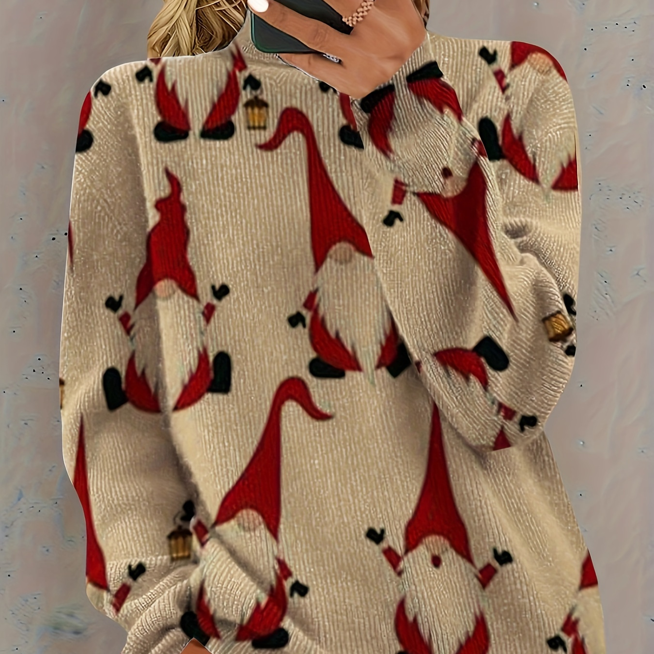 

Cozy Christmas Reindeer Print Sweater For Women - Casual Long Sleeve, Mock Neck Pullover With Medium Stretch, Fall/winter