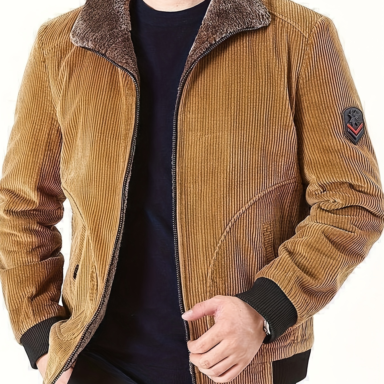 

Men's Corduroy Turn-down Collar Jacket, Casual Loose Fit Full Zipper Long Warm Coat For Outdoor Wear, Autumn And Winter