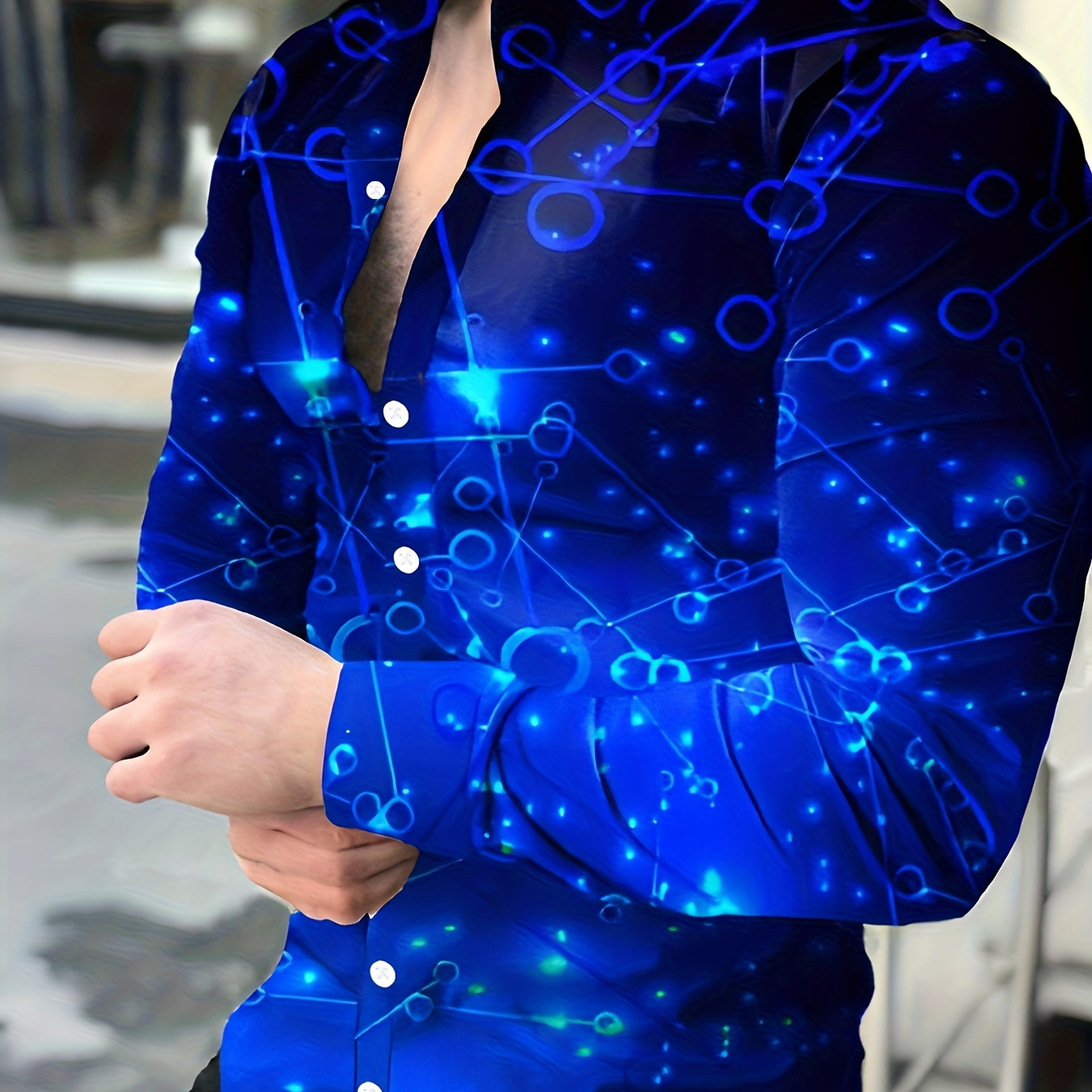 

Trendy Geometric Print Men's Casual Button Up Long Sleeve Shirt, Men's Clothes For Spring Autumn, Tops For Men