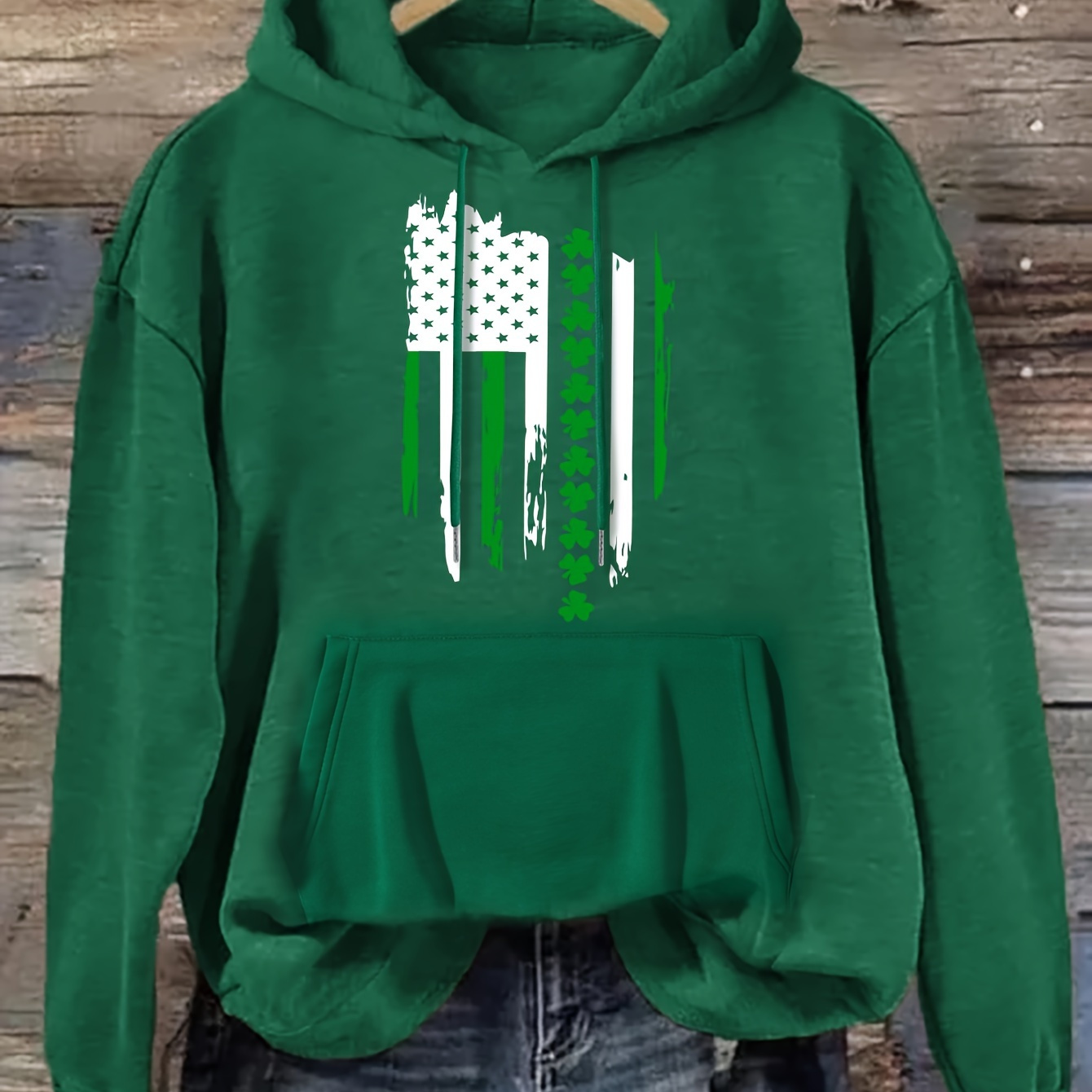 

St Patrick's Day Flag Graphic Print Hoodie, Drawstring Casual Hooded Sweatshirt For Winter & Fall, Women's Clothing