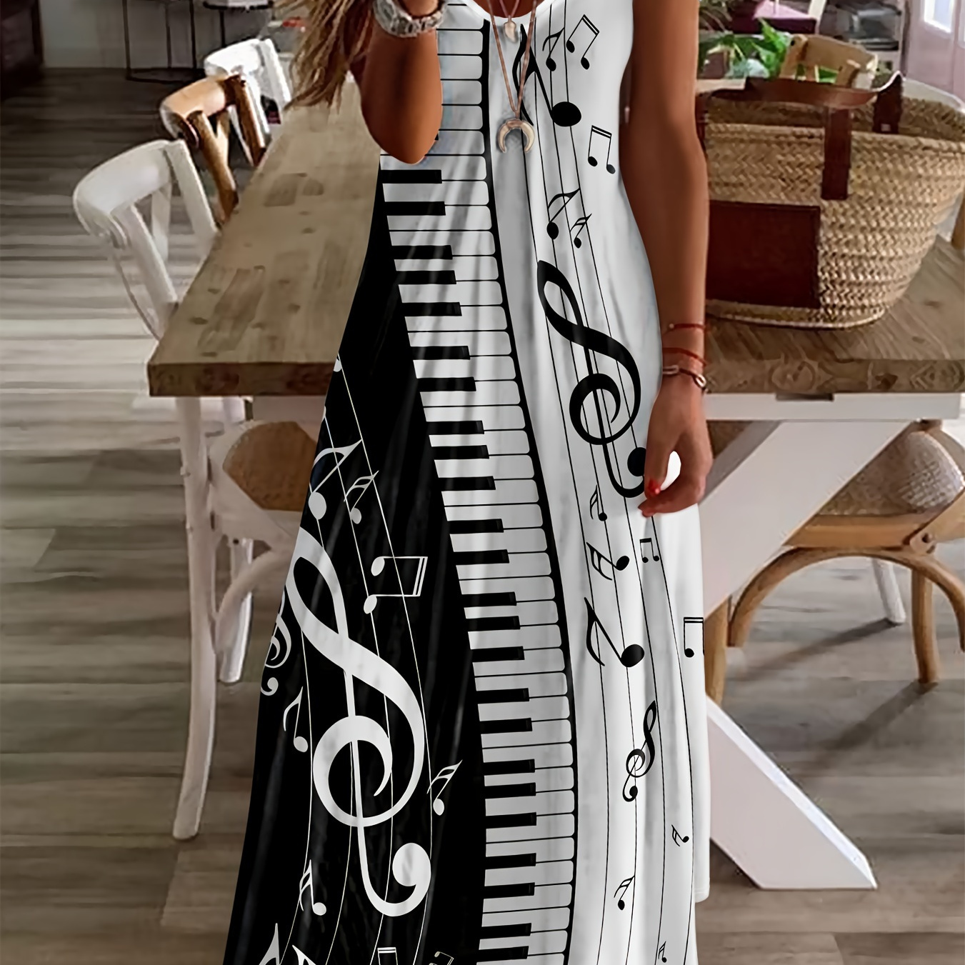 

Robe À Imprimé De Notes De Musique Avec Encolure En V, Robe Maxi Décontractée À Manches Courtes Pour Le Printemps Et L'été, Vêtements Pour Femmes