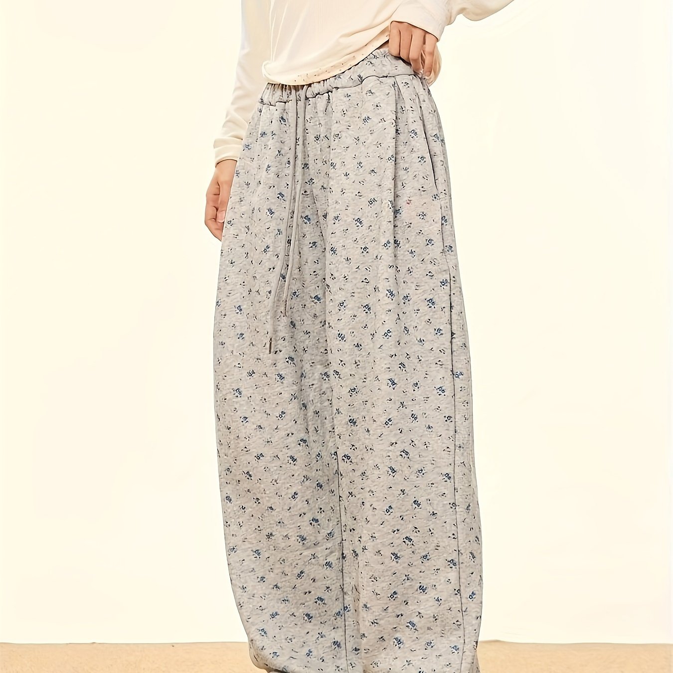 

Floral Print Drawstring Waist Wide Leg Pants, Casual & Versatile High Waist Pants For Spring & Summer, Women's Clothing