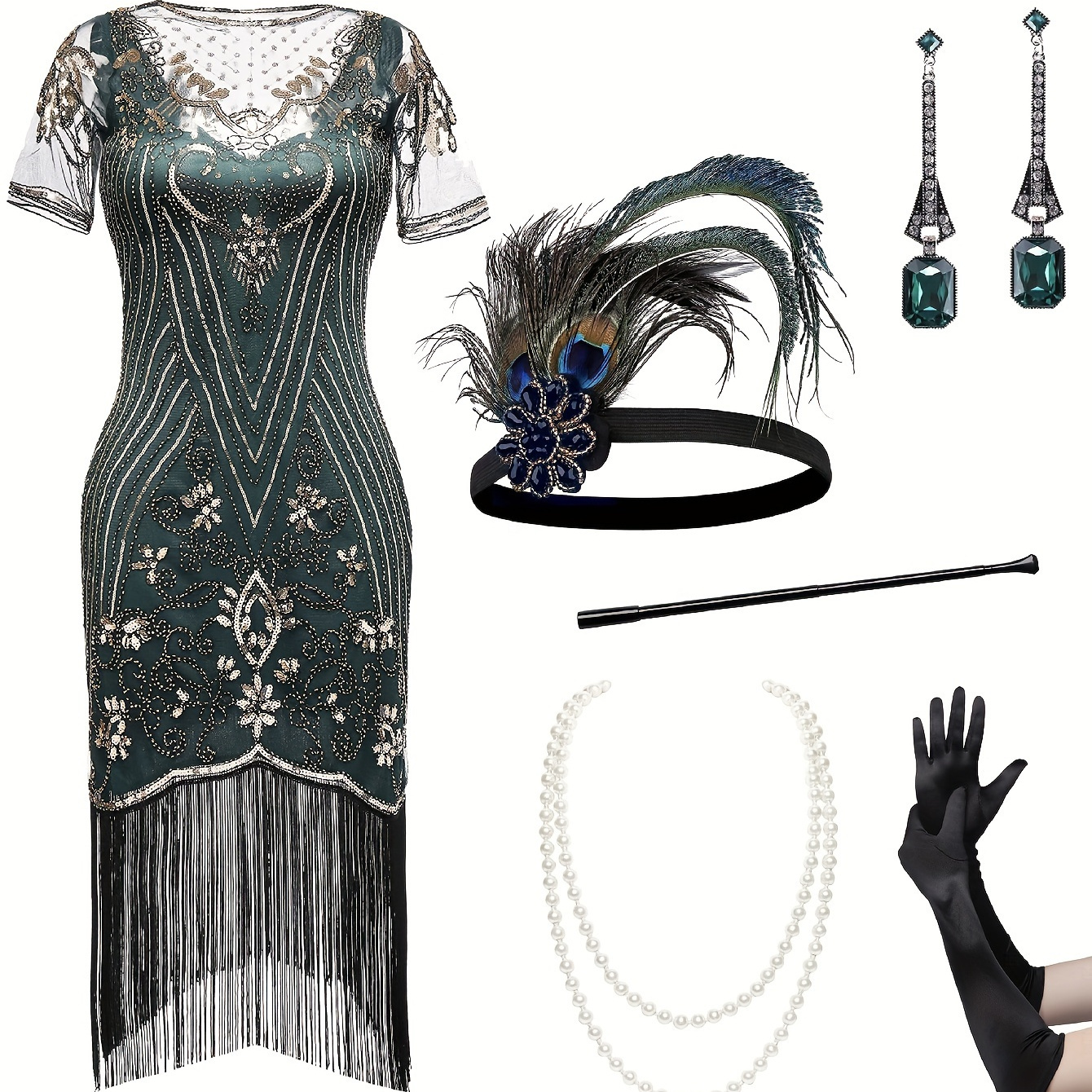 

Flapper Dresses 1920s - Roaring 20s Sequin Beaded Dress Set Fringe Dress