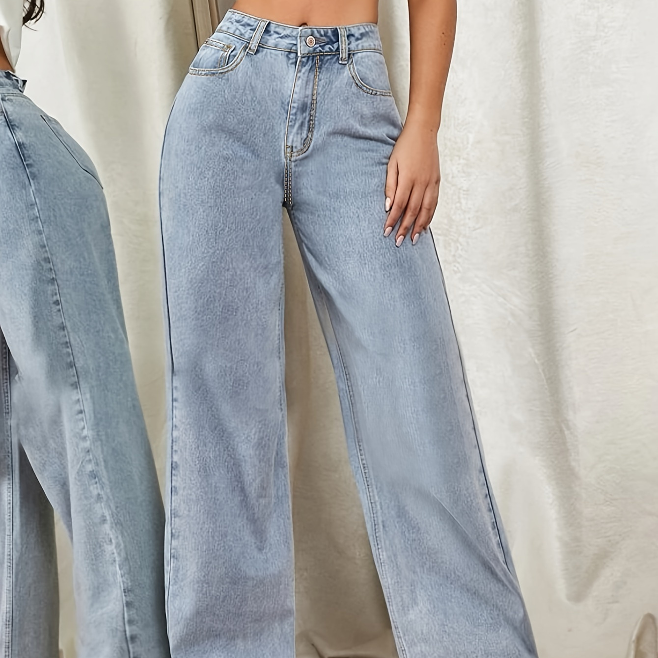 

High Waist Loose Wide Leg Jeans, College Style Stylist Comfort Denim Pants, Women's Denim Jeans & Clothing
