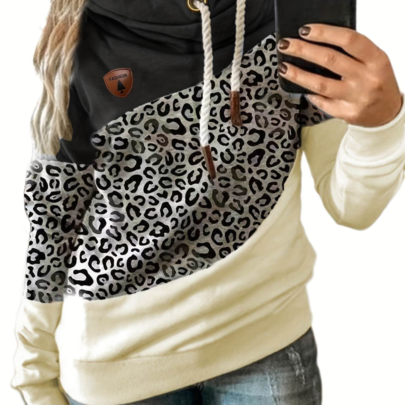 

Plus Size Casual Sweatshirt, Women's Plus Colorblock Leopard Print Long Sleeve Drawstring Hoodie