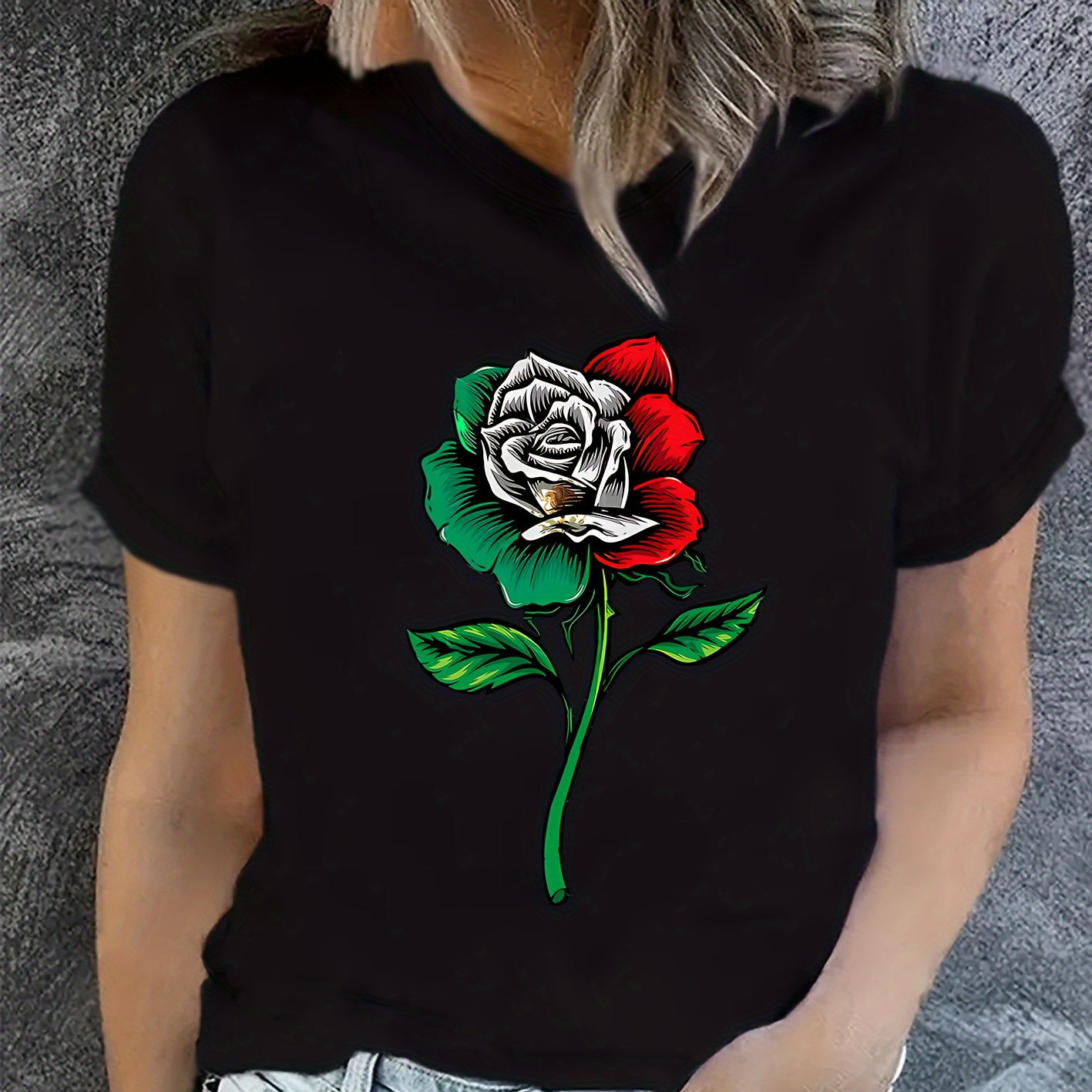 

Color Block Rose Print Round Neck T-shirt, Sports Trendy Short Sleeve T-shirt, Women's Clothing