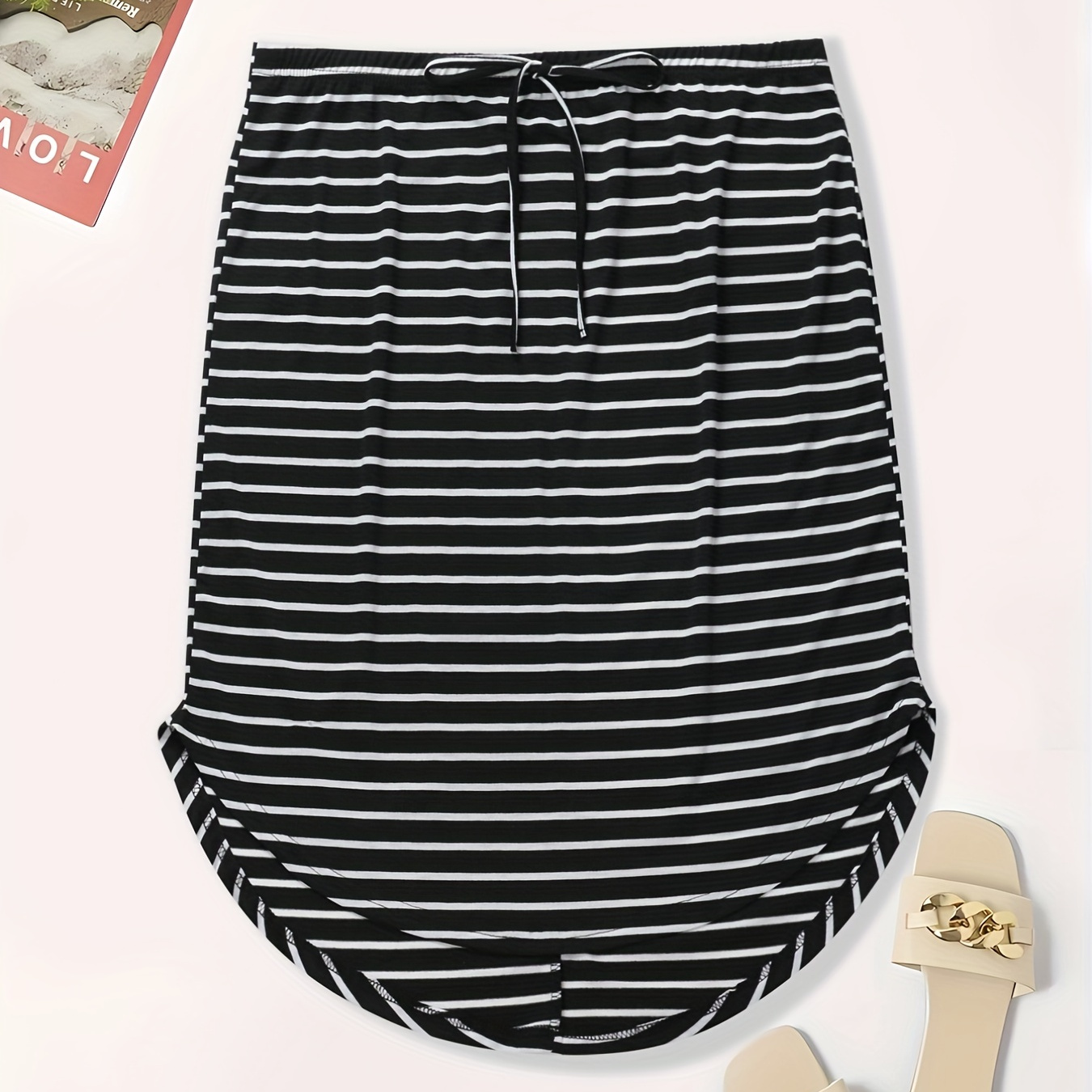 

Plus Size Casual Skirt, Women's Plus Striped Print High Rise Drawstring Asymmetric Hem Maxi Skirt